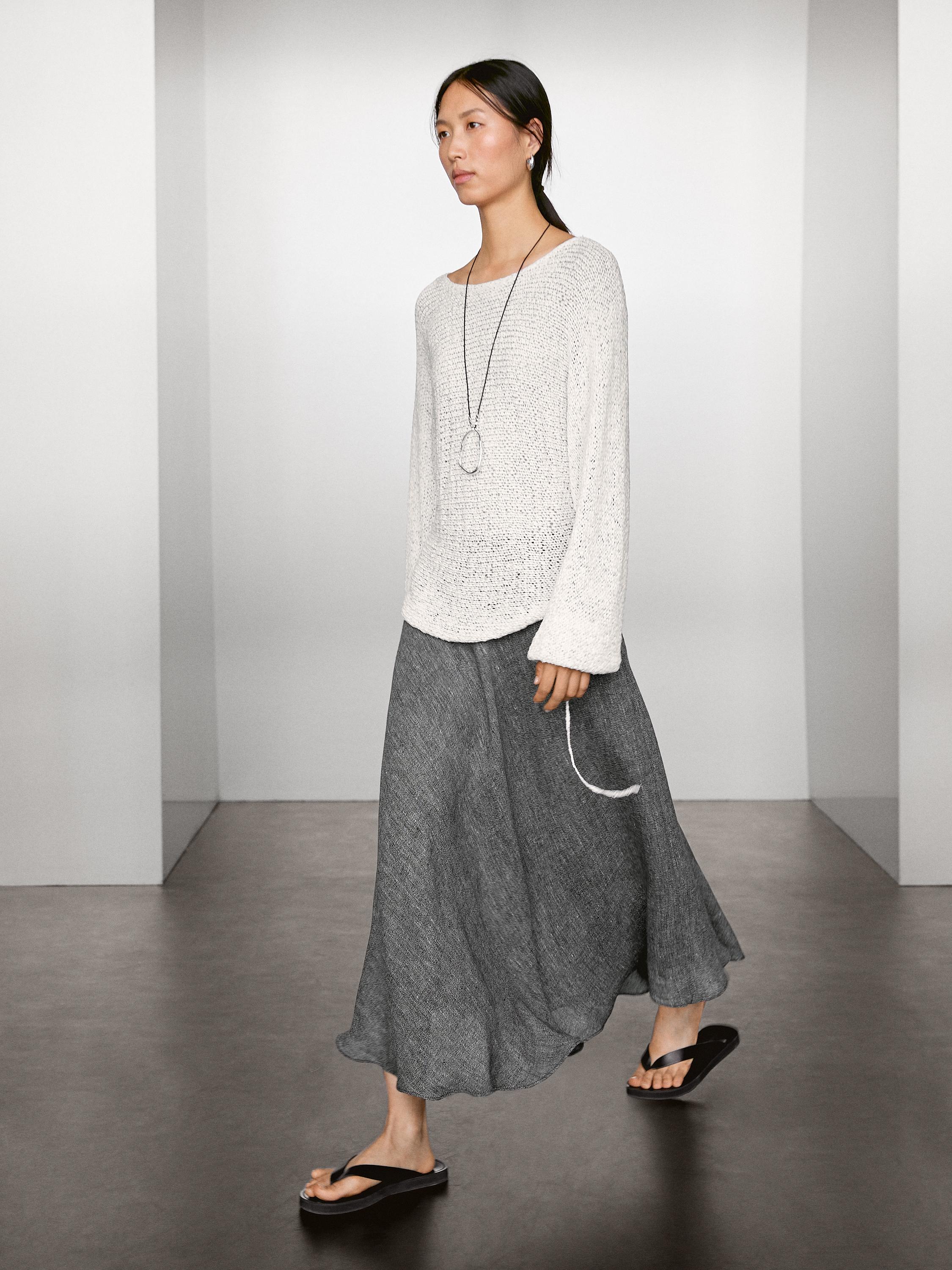 Linen blend midi skirt with flounce