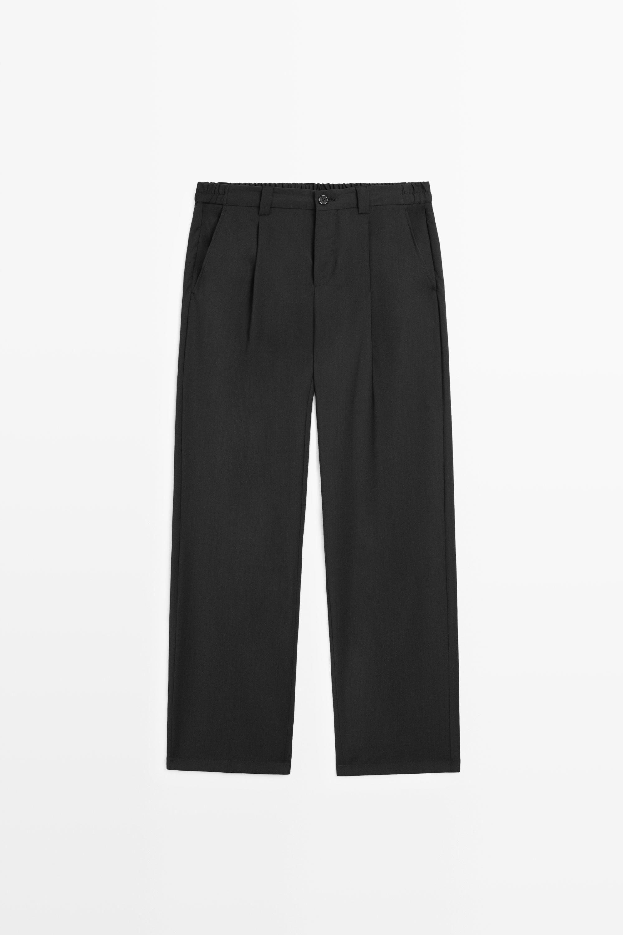 Relaxed fit cool wool trousers with darts — BLACK