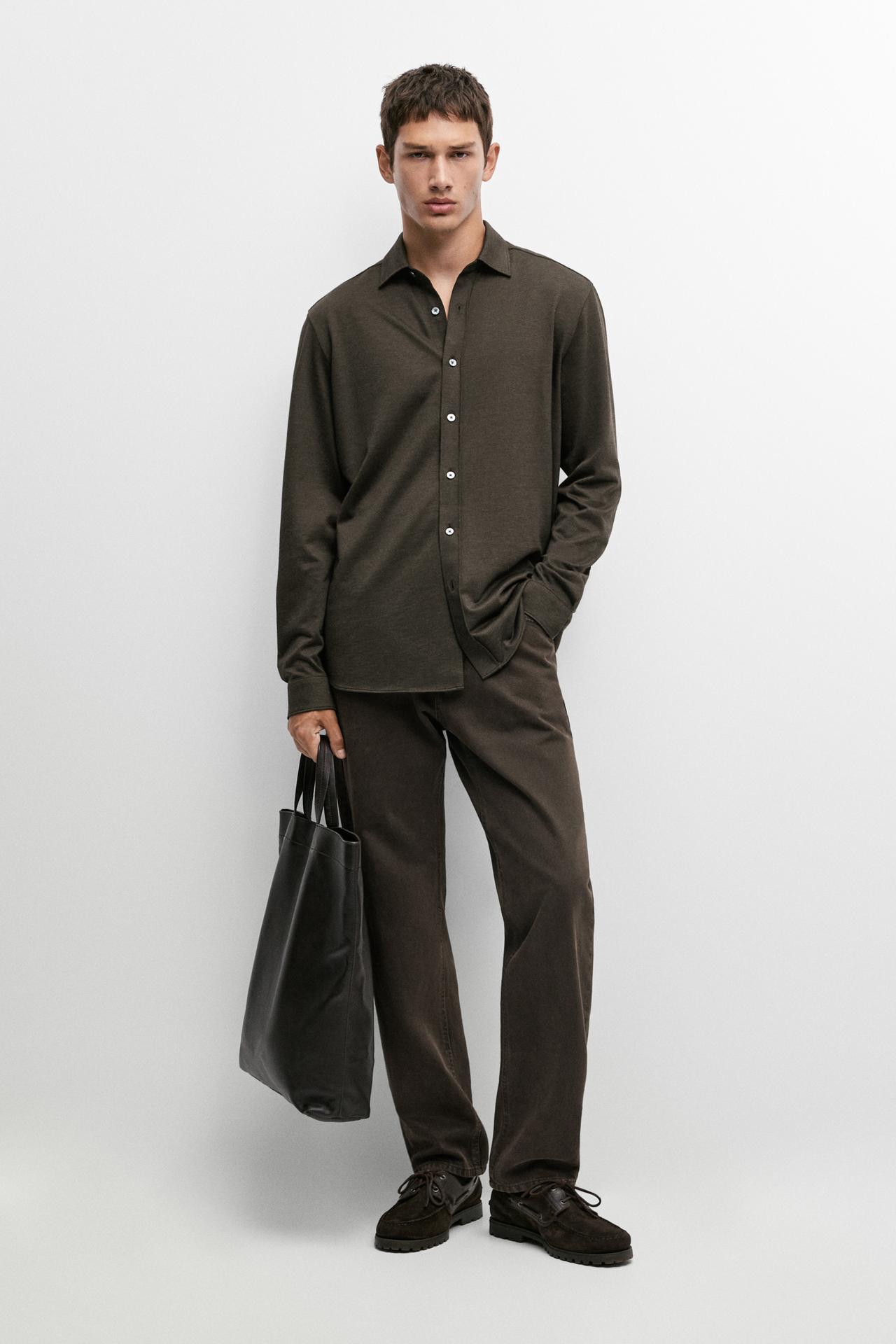 Stretch slim fit cotton shirt — BROWN