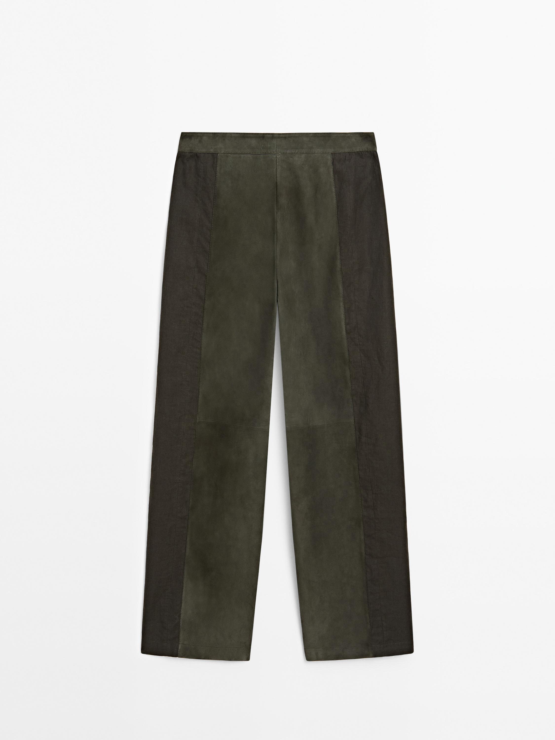 Suede leather trousers with linen detail