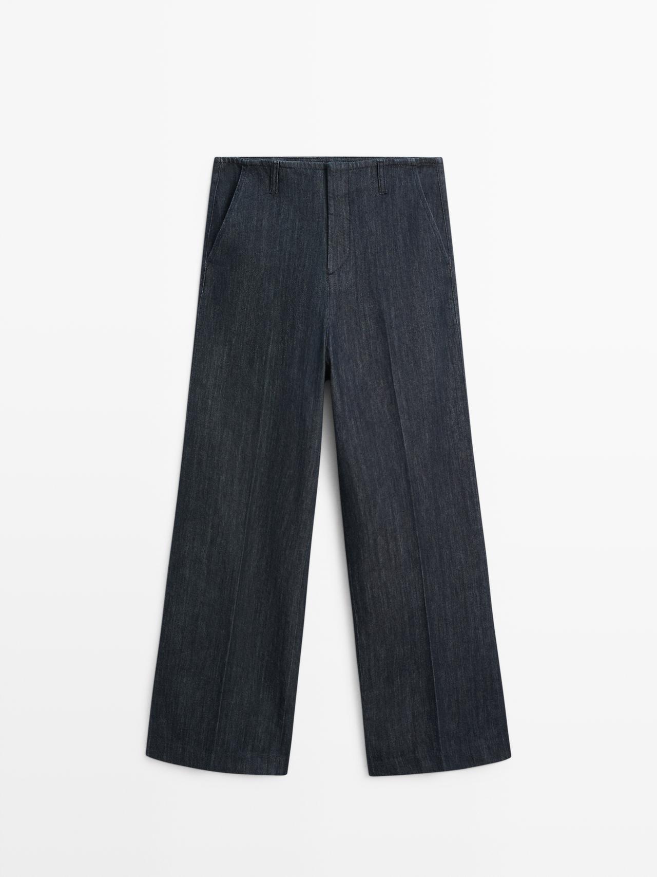 Massimo Dutti - Dame - Mid Waist Jeans Med Brede Ben - Mørkeblå - 38