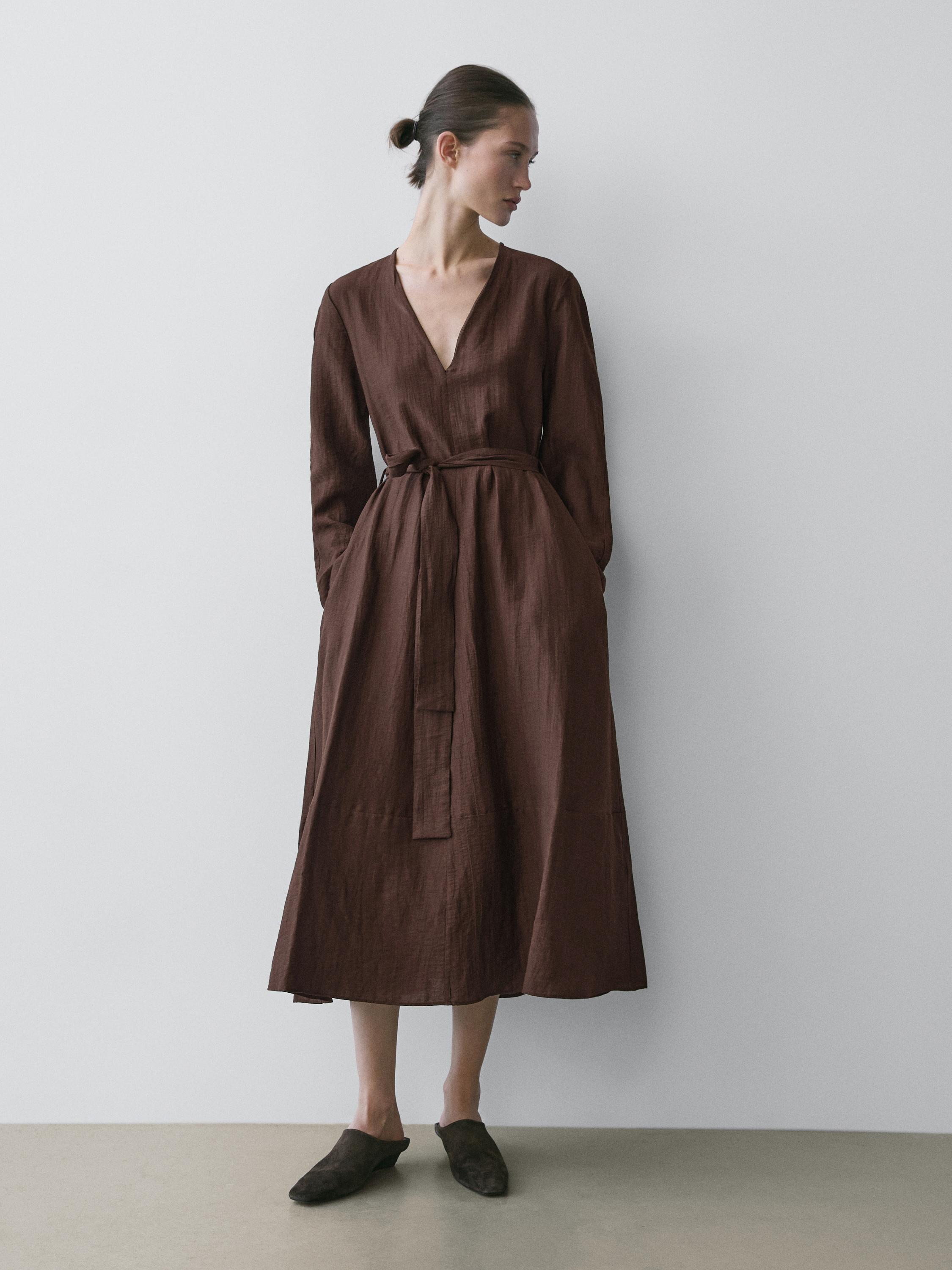 Flowing linen blend midi dress with belt — BROWN