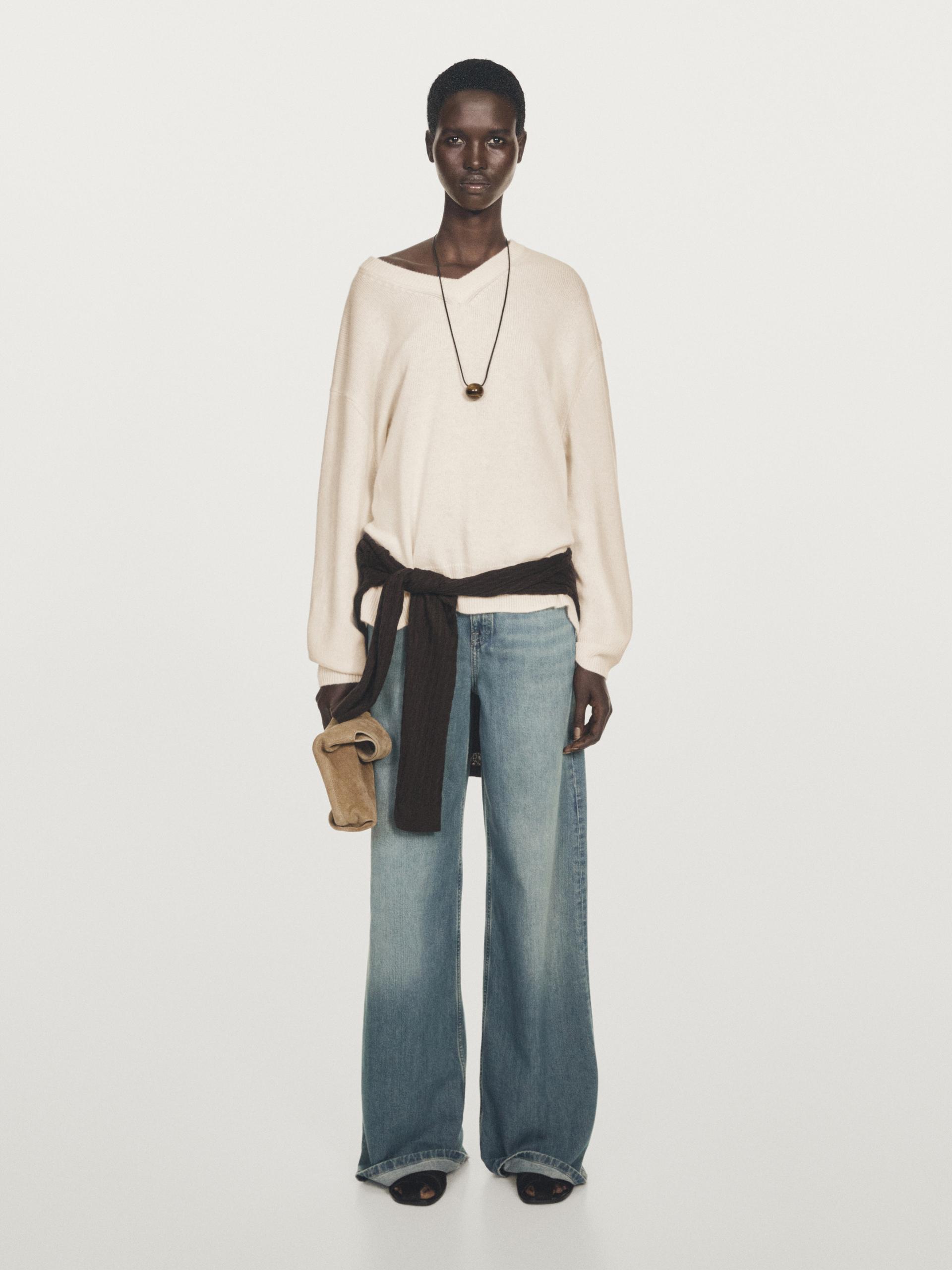 Dzianinowy Sweter Ze 100% Kaszmiru Z Dekoltem W Serek - Surowy - S - Massimo Dutti - Kobieta
