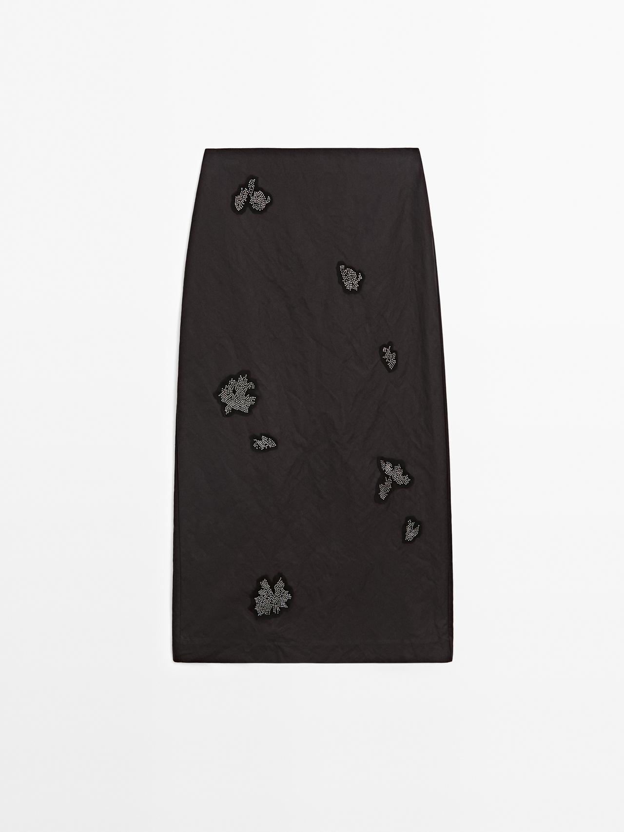 Massimo Dutti - Dame - Midinederdel I Bomuldsblanding Med Rhinsten - Mørk Grå - 36