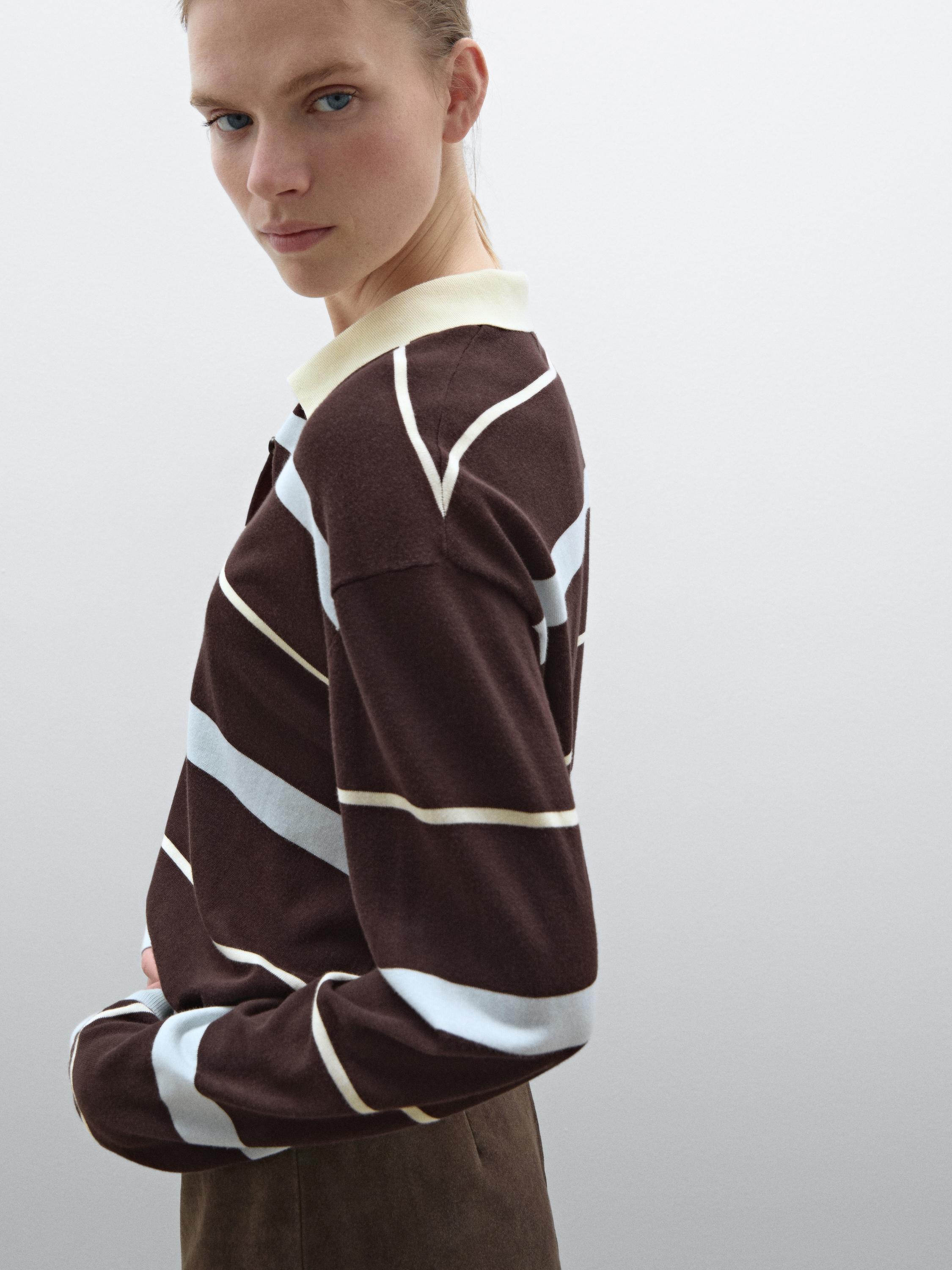 Striped knit sweater with polo collar