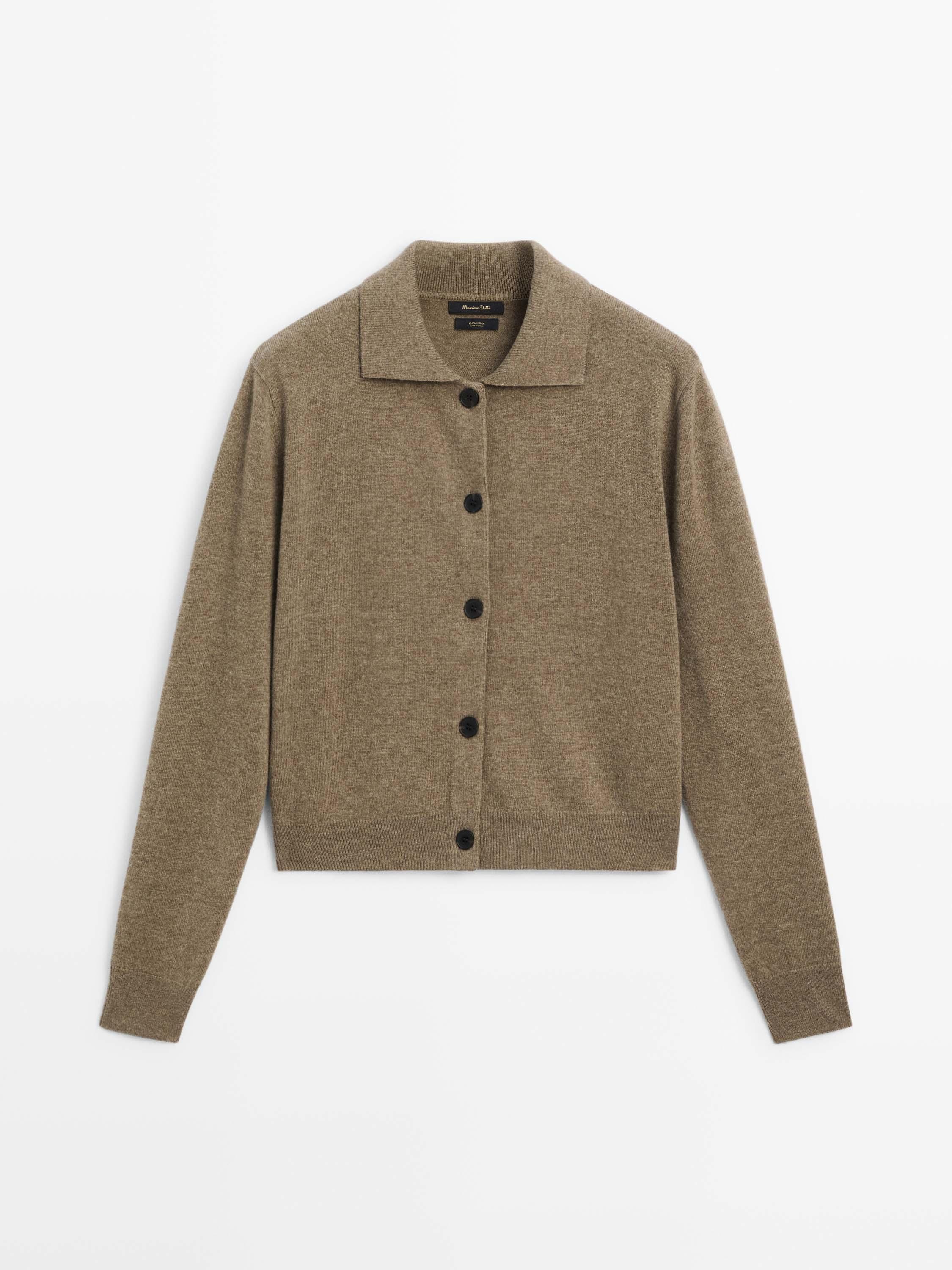 Wool polo collar knit cardigan