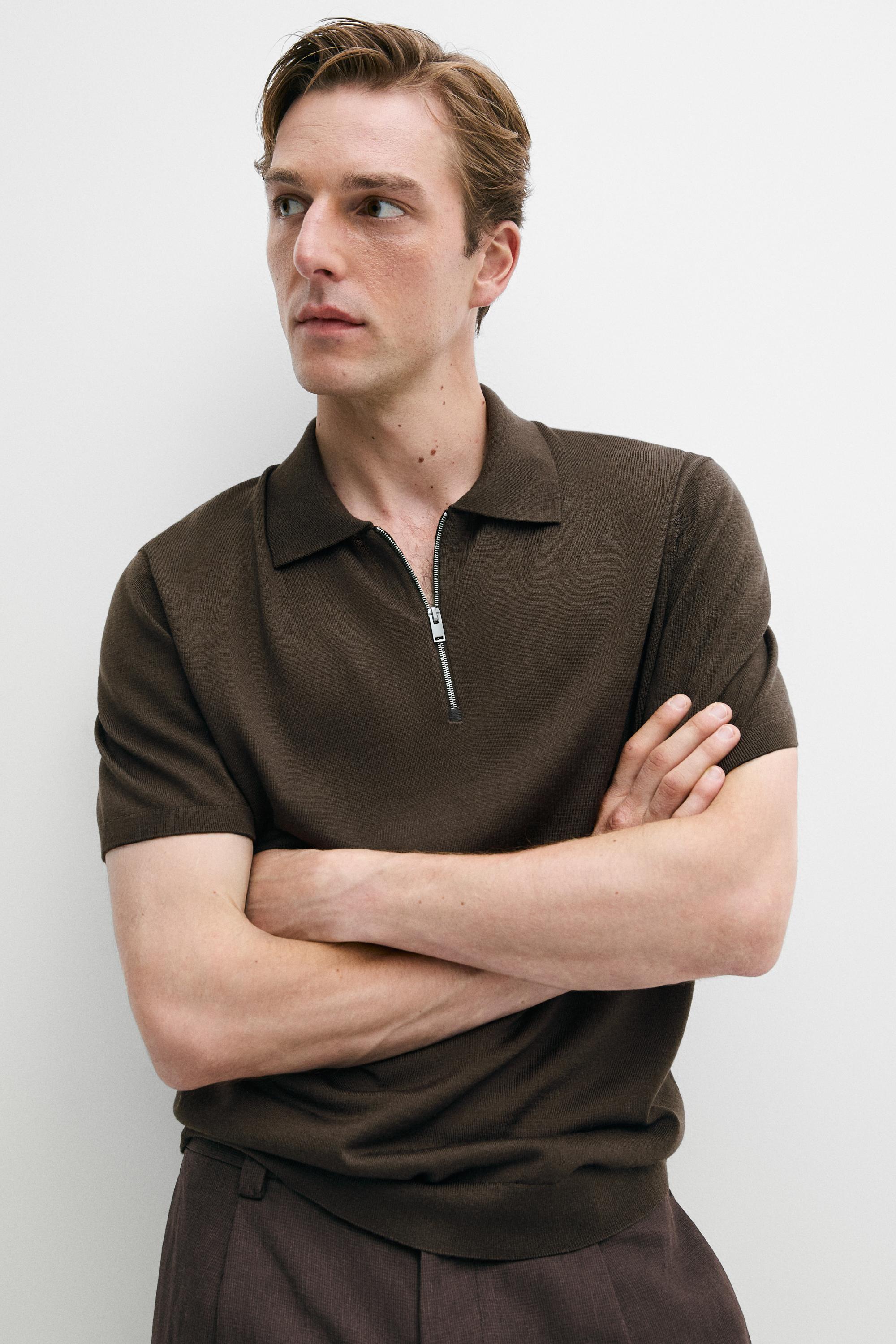 Wool blend zip-detail polo shirt — DARK KHAKI