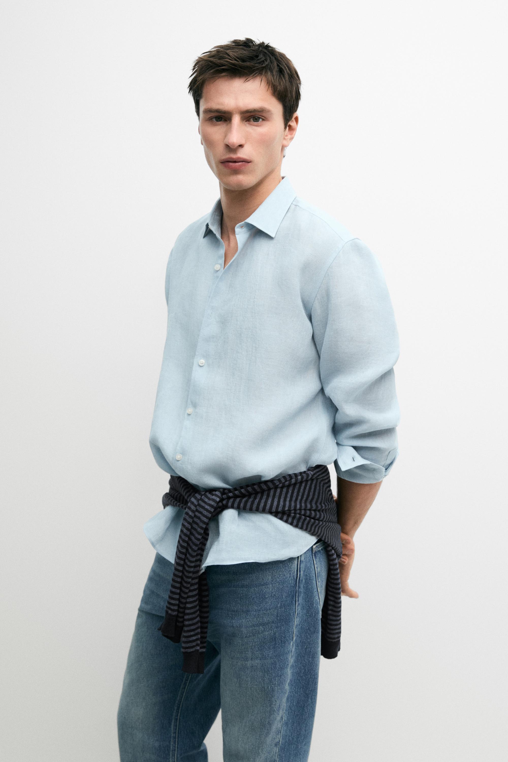 Textured 100% linen regular fit shirt — BLUE