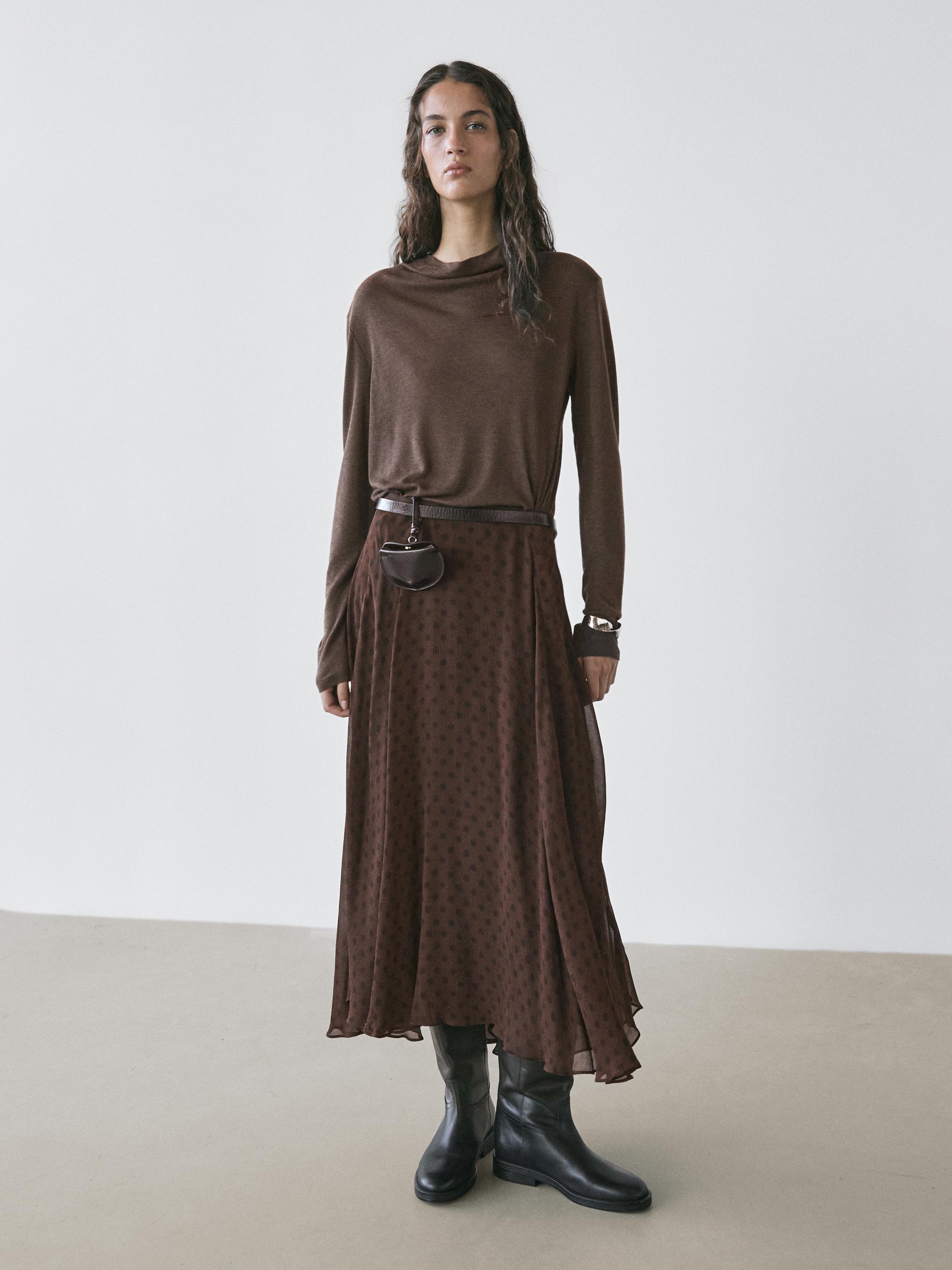 Puantiye desenli A kesim midi etek