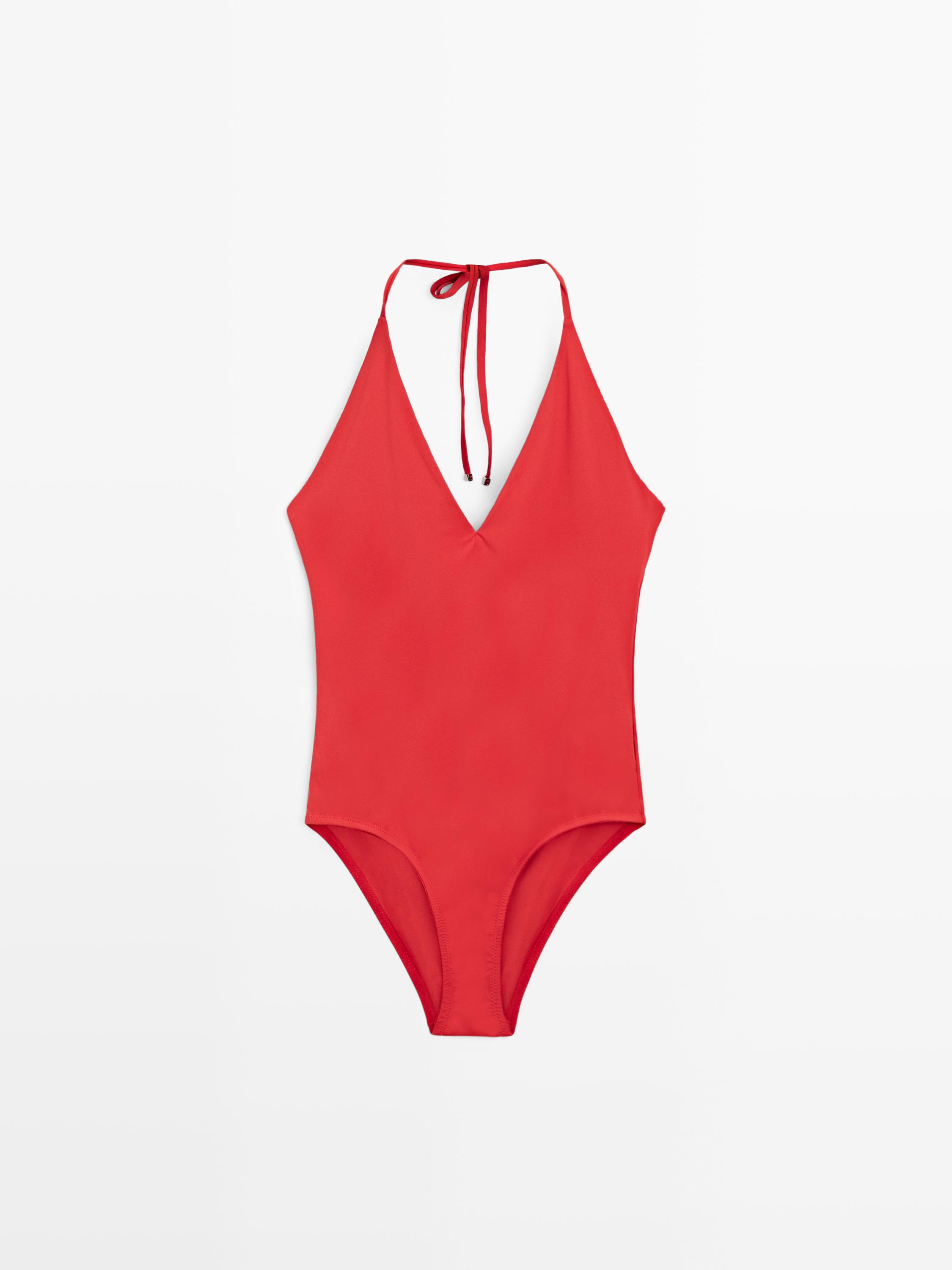 Vorderansicht eines leuchtend roten Badeanzugs mit V-Ausschnitt und verstellbaren Neckholder-Trägern.