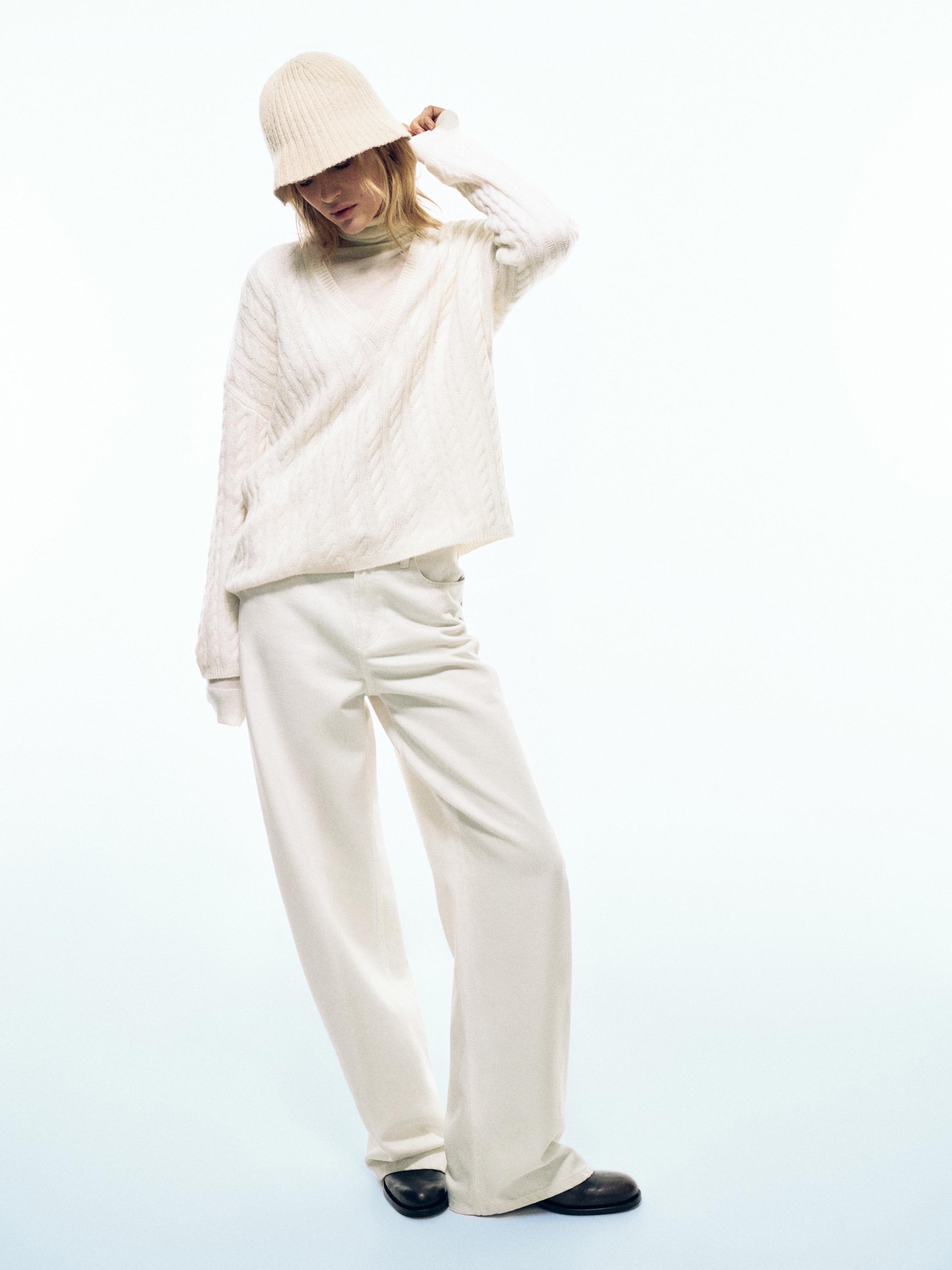 Textured wide-leg denim-effect trousers