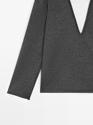 Cotton blend knit sweater with contrast fabric — CHARCOAL 7