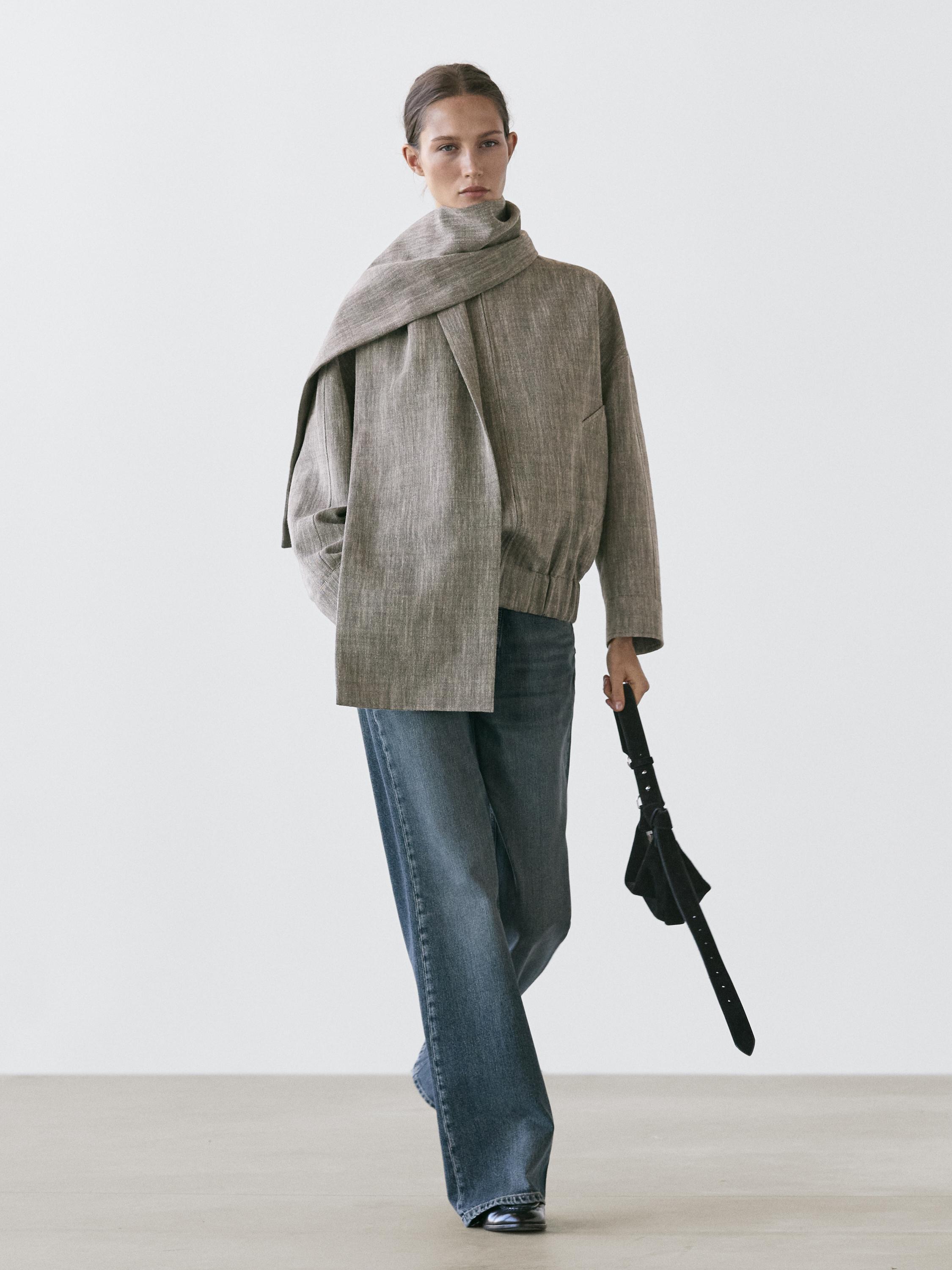 Flecked bomber jacket with scarf — GREY