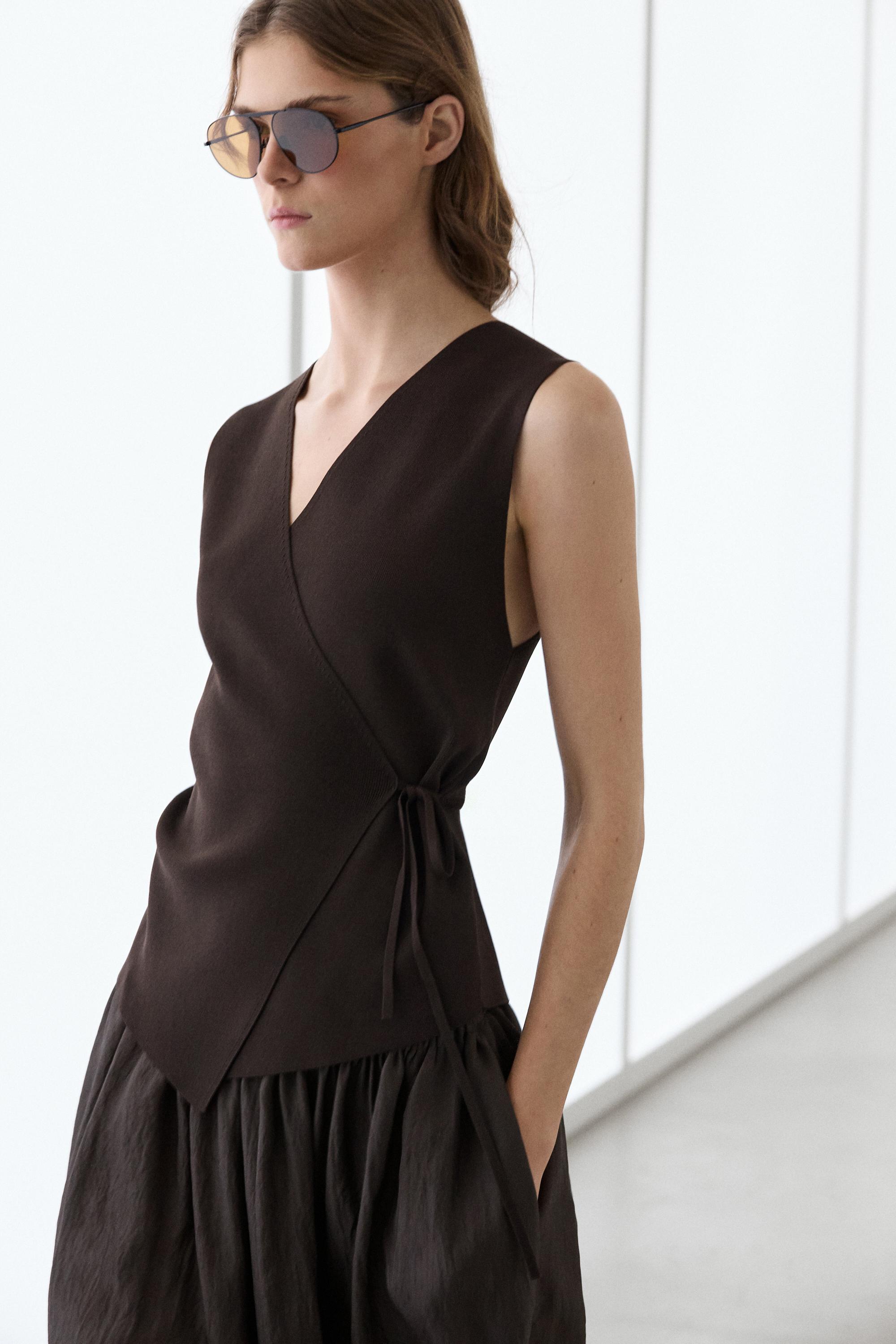 Crossover knit vest with tie detail — BROWN