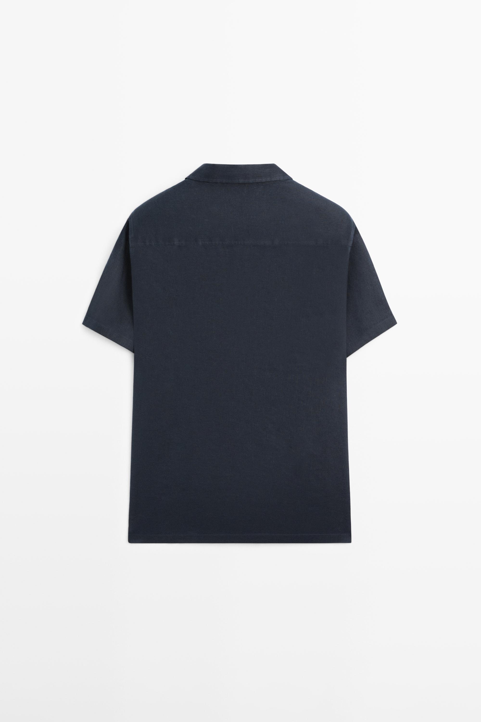 100% linen regular fit short sleeve shirt — NAVY BLUE