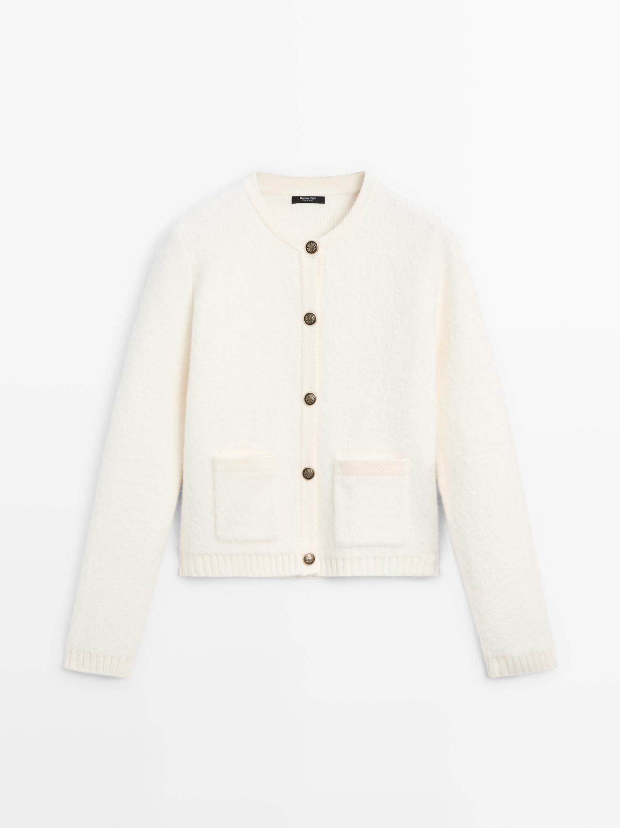 Massimo Dutti - Dame - Kort Cardigan I Strik Med Gyldne Knapper - Råhvid - Xs