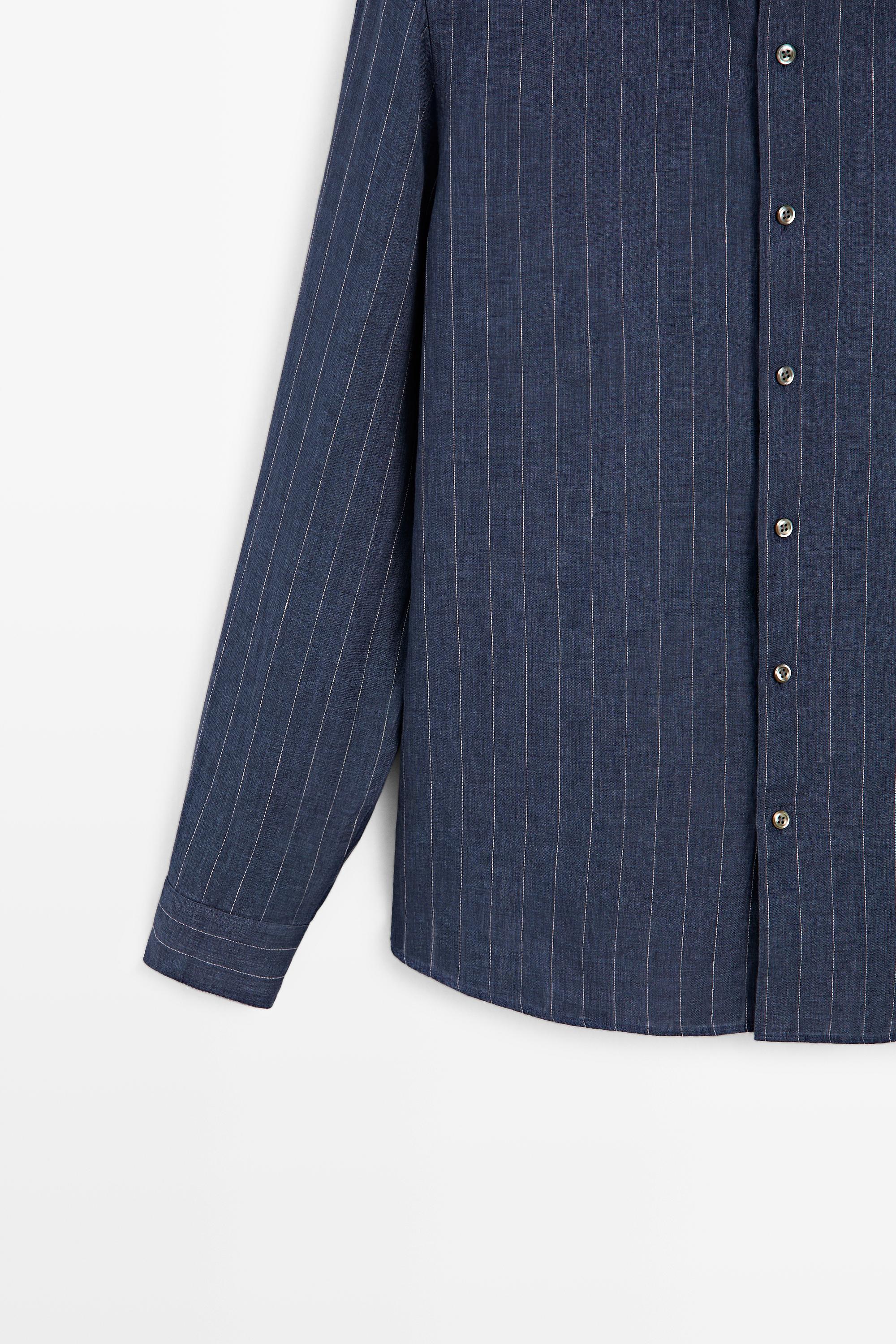 Regular fit striped delave 100% linen shirt — NAVY BLUE