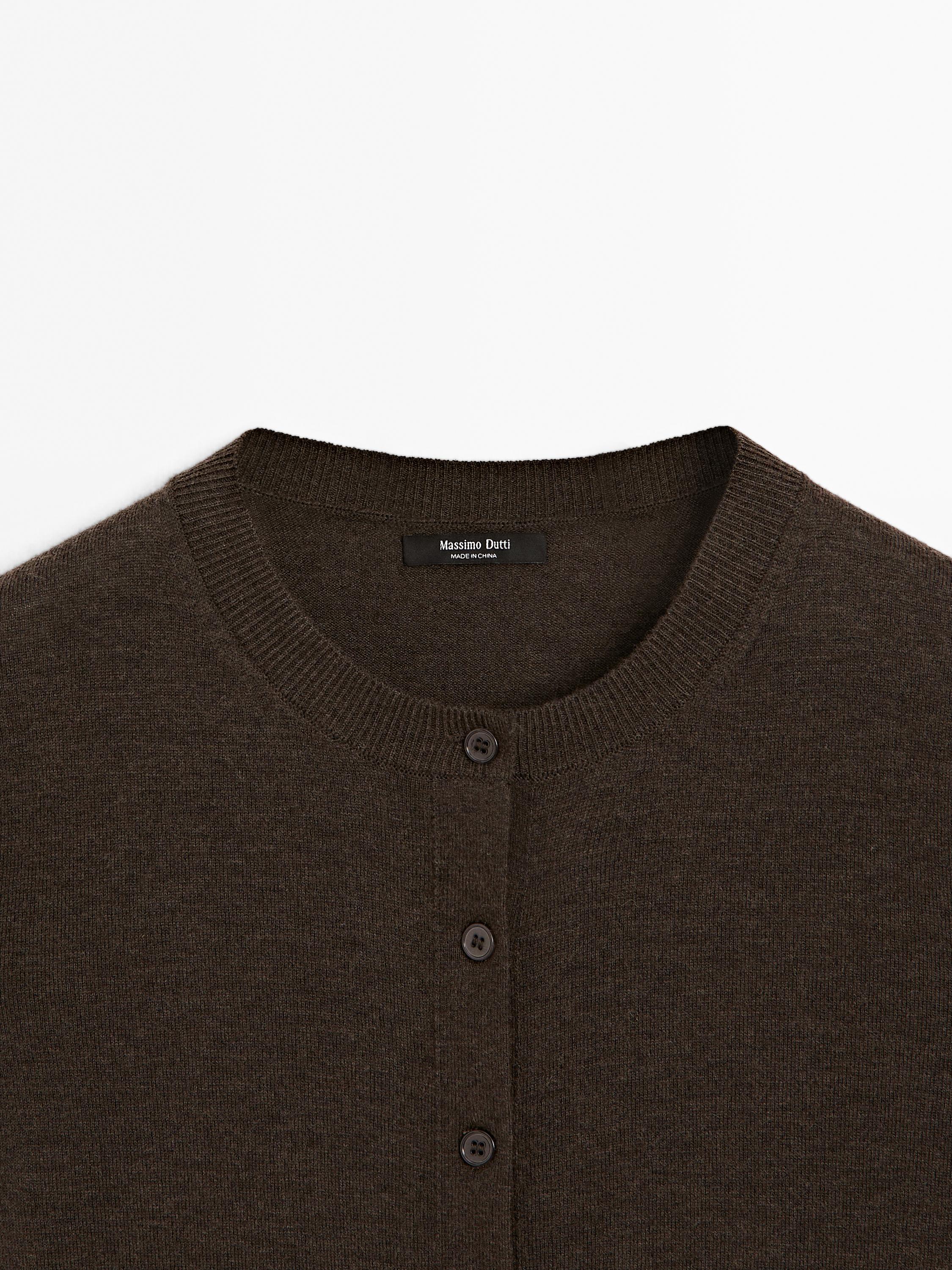 Wool blend knit cardigan with crew neck