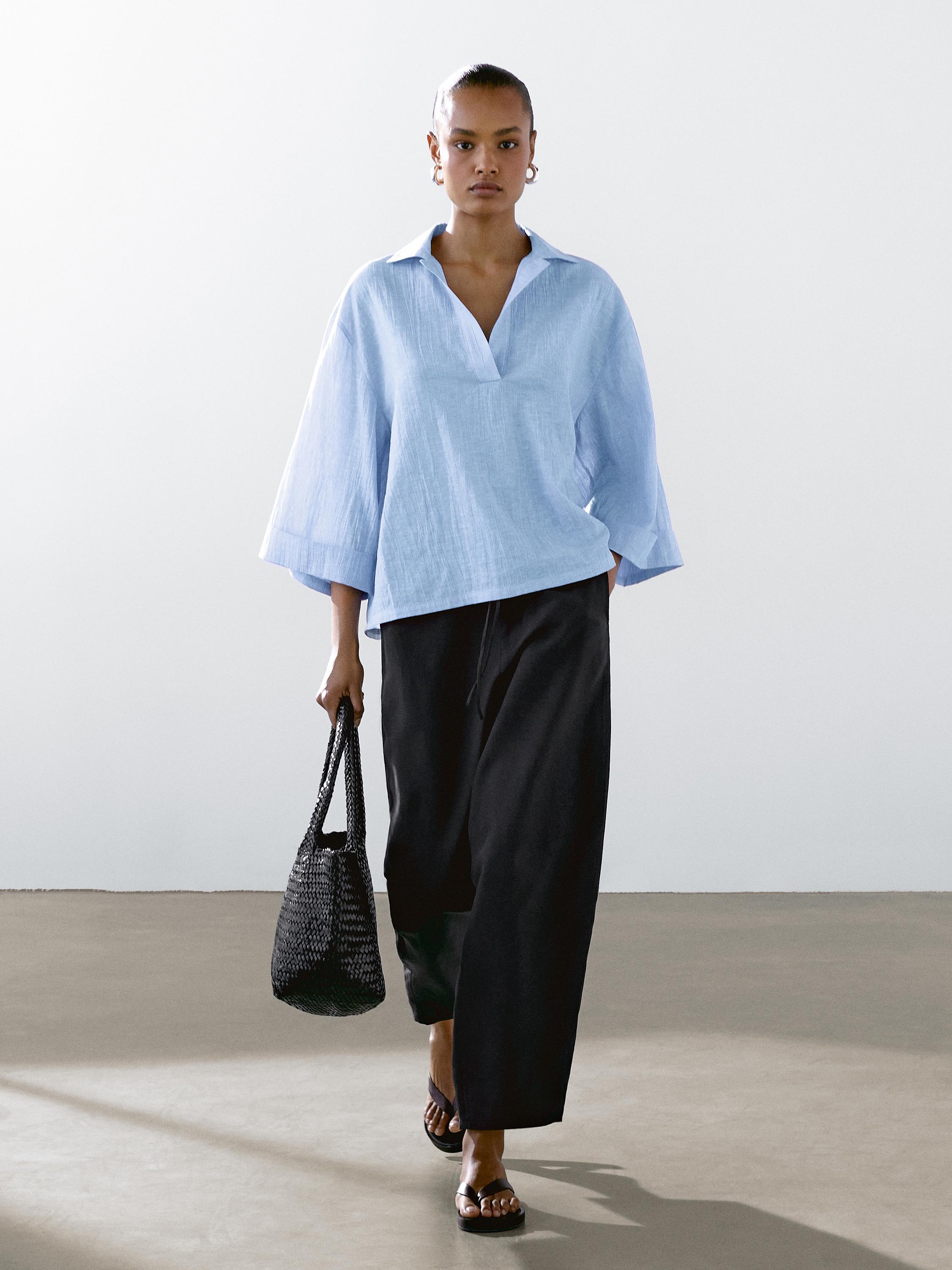 Linen blend blouse with polo collar