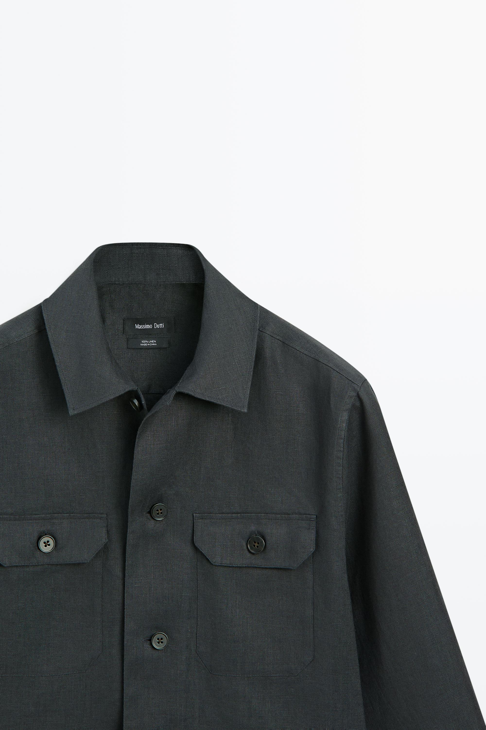 Total look linen overshirt with pockets — PETROL BLUE