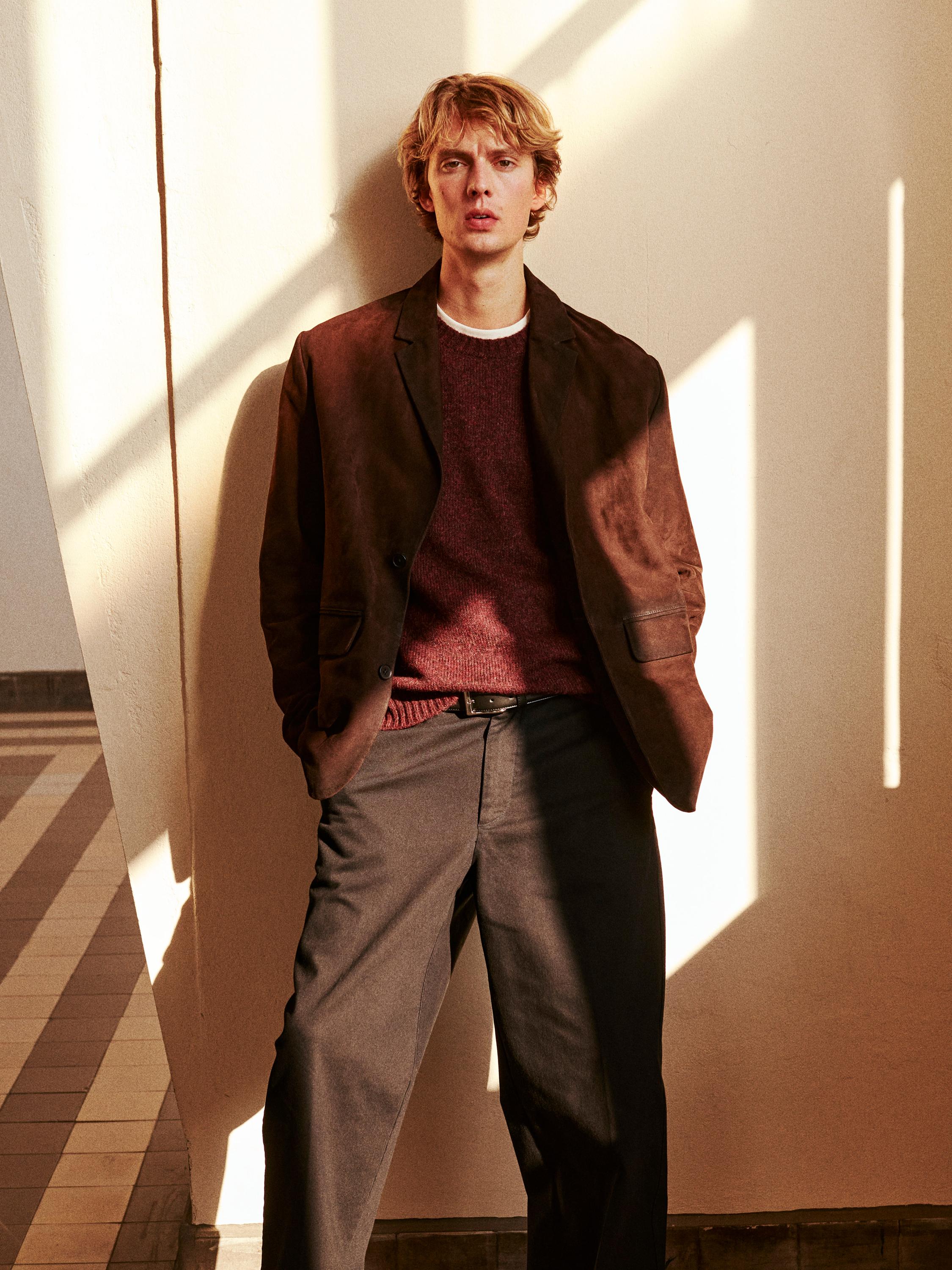 Suede leather blazer with seam details