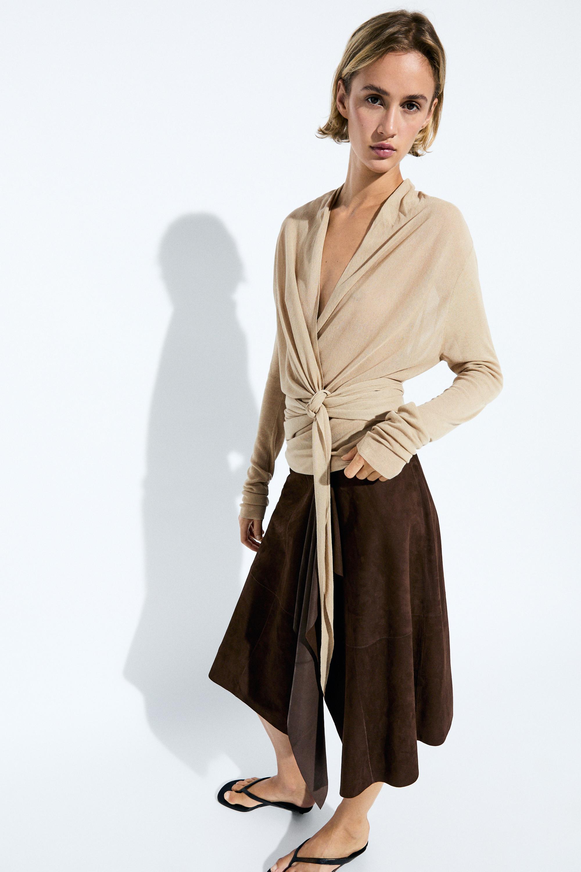 Draped wrap-effect knit cardigan — SAND