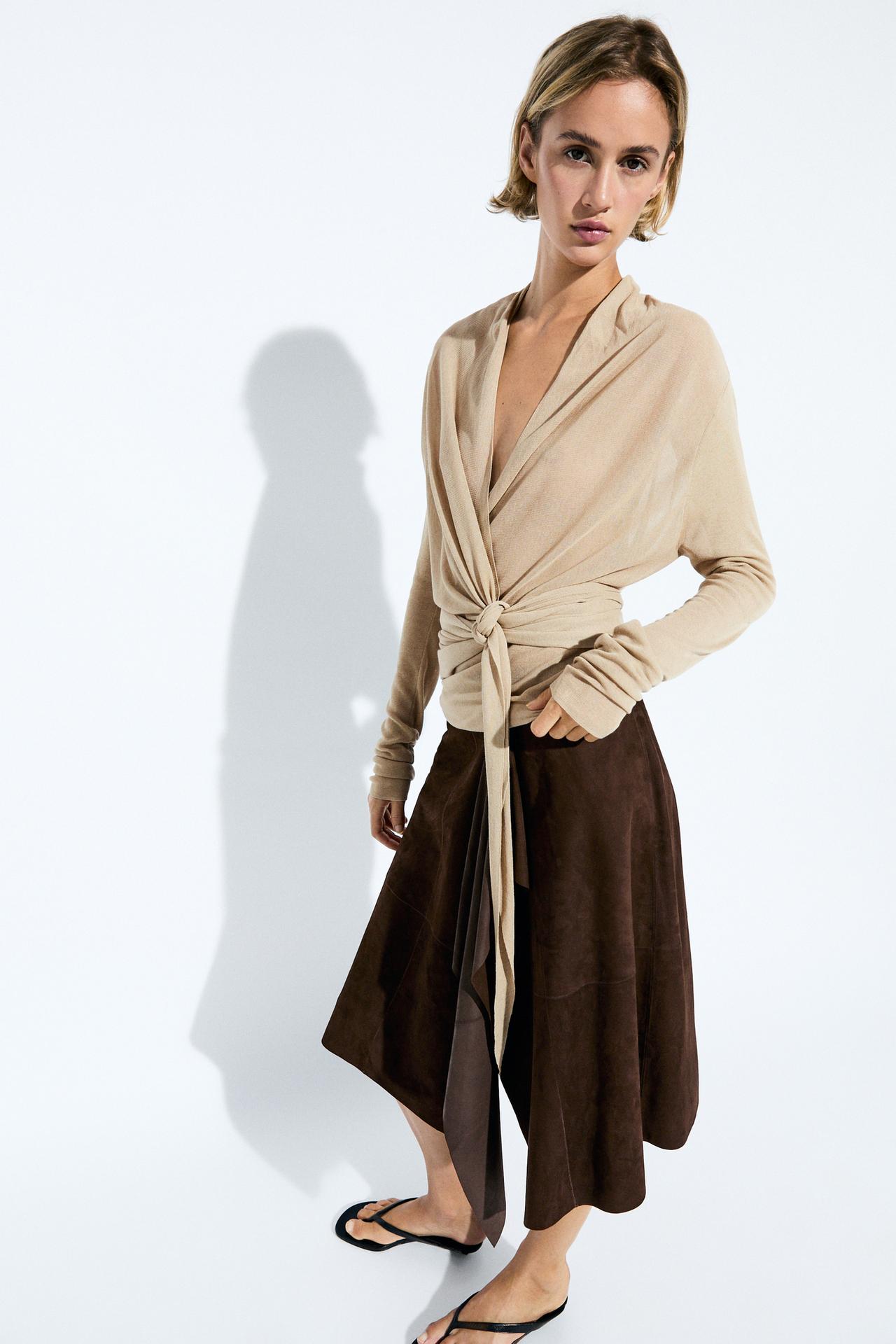 Draped wrap-effect knit cardigan — SAND
