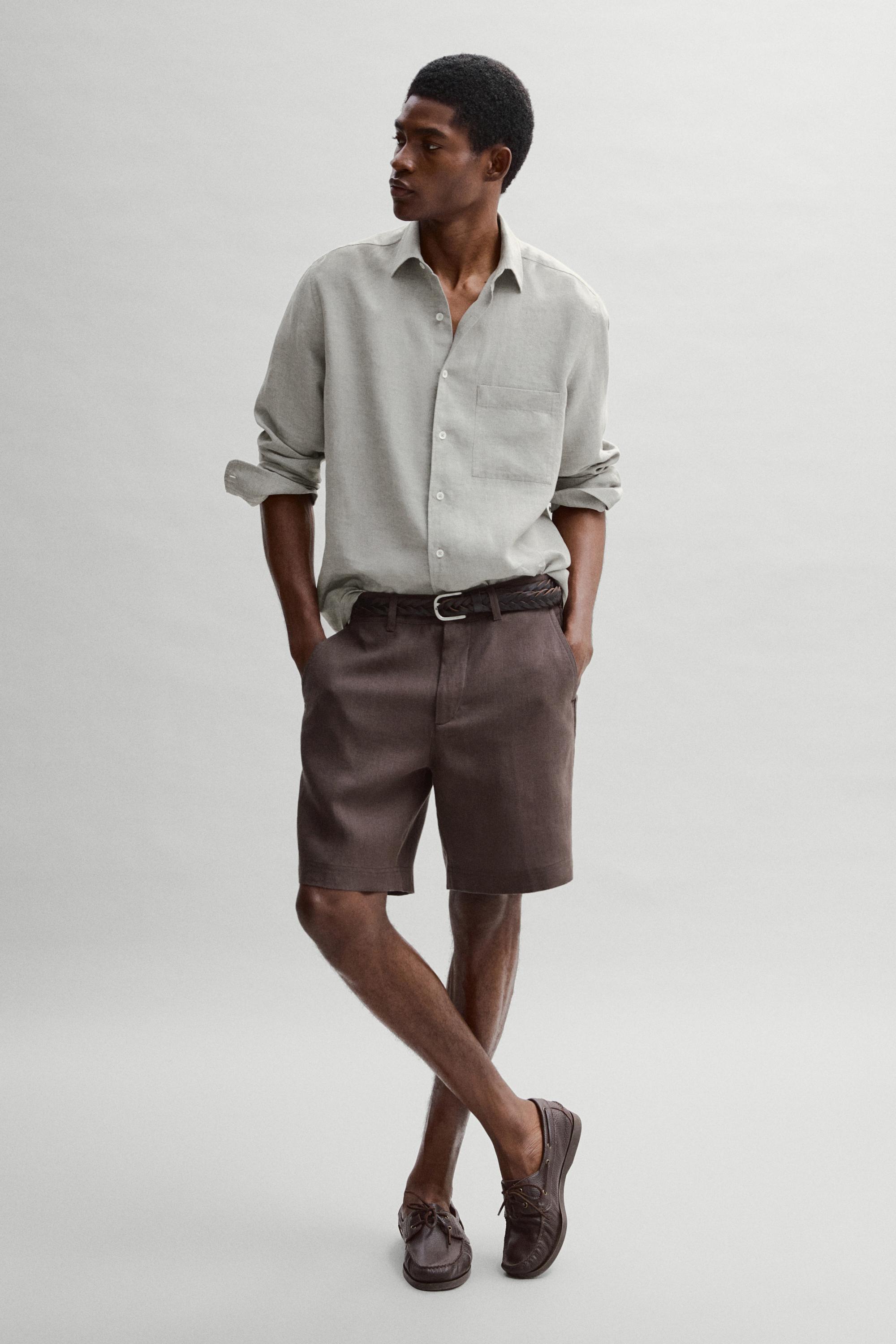 100% linen short Bermuda shorts — BROWN