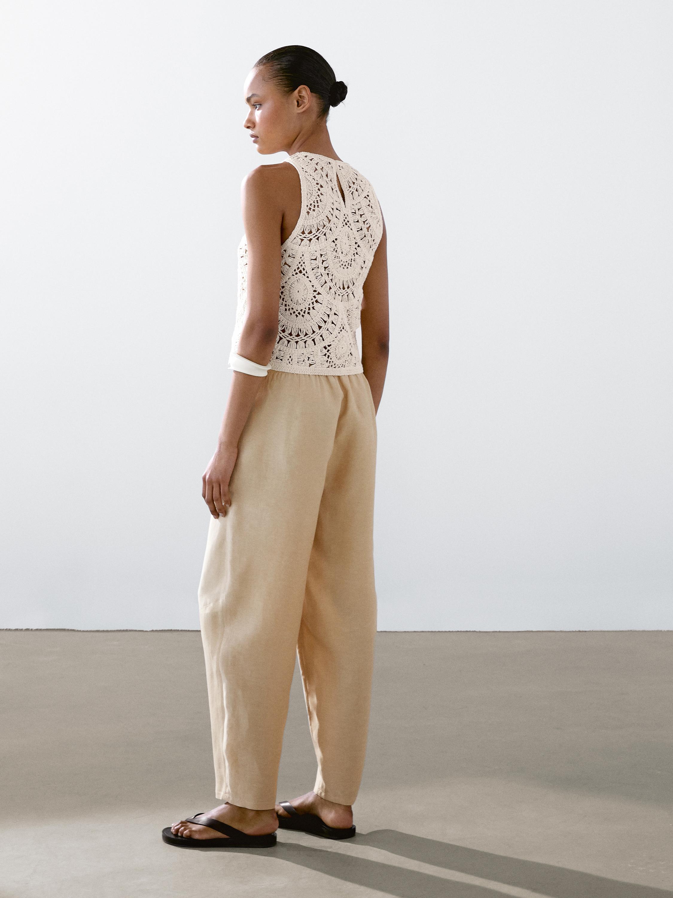 Flowing linen blend barrel fit trousers