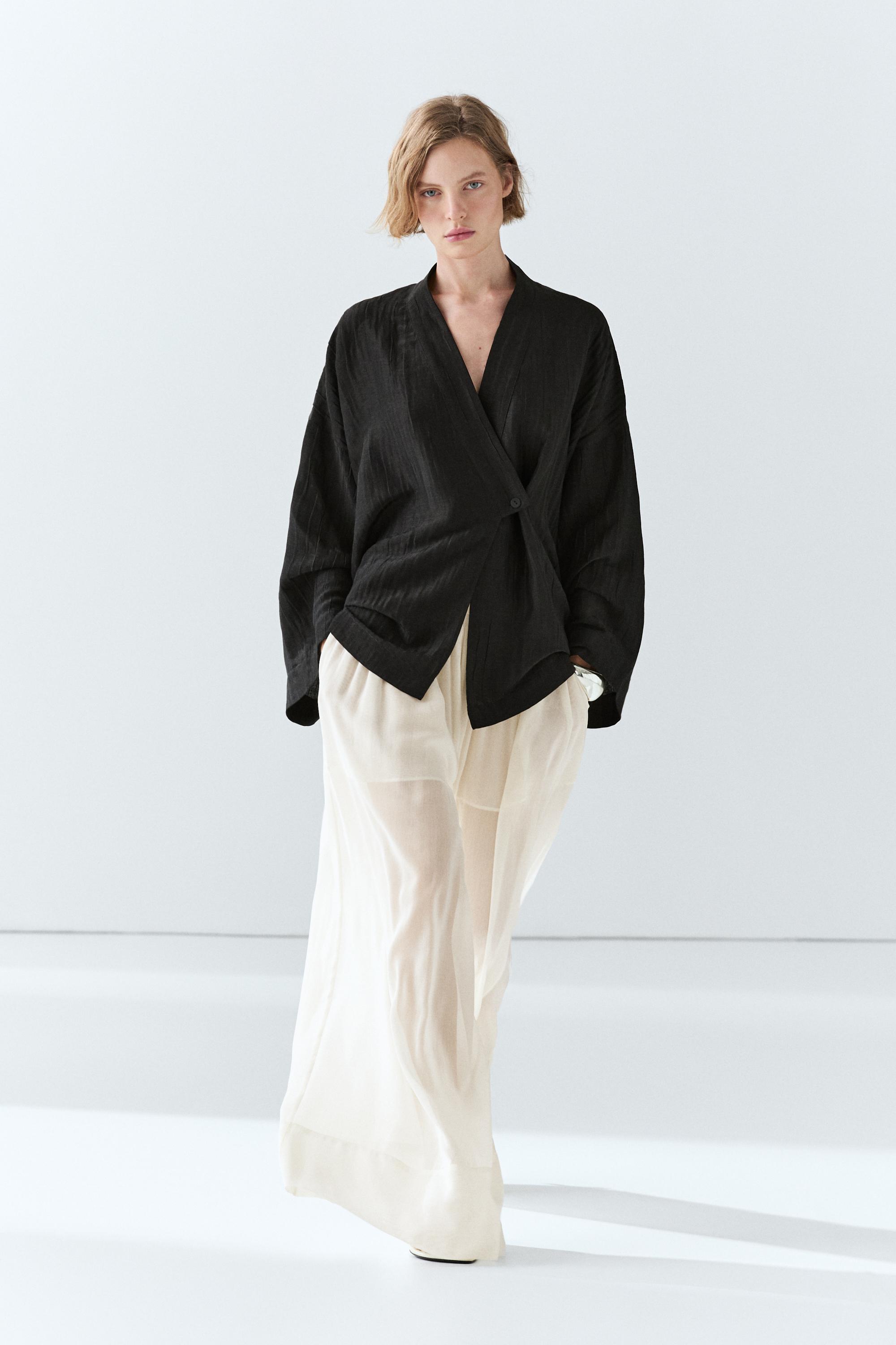 Textured linen blend V-neck kimono — BLACK