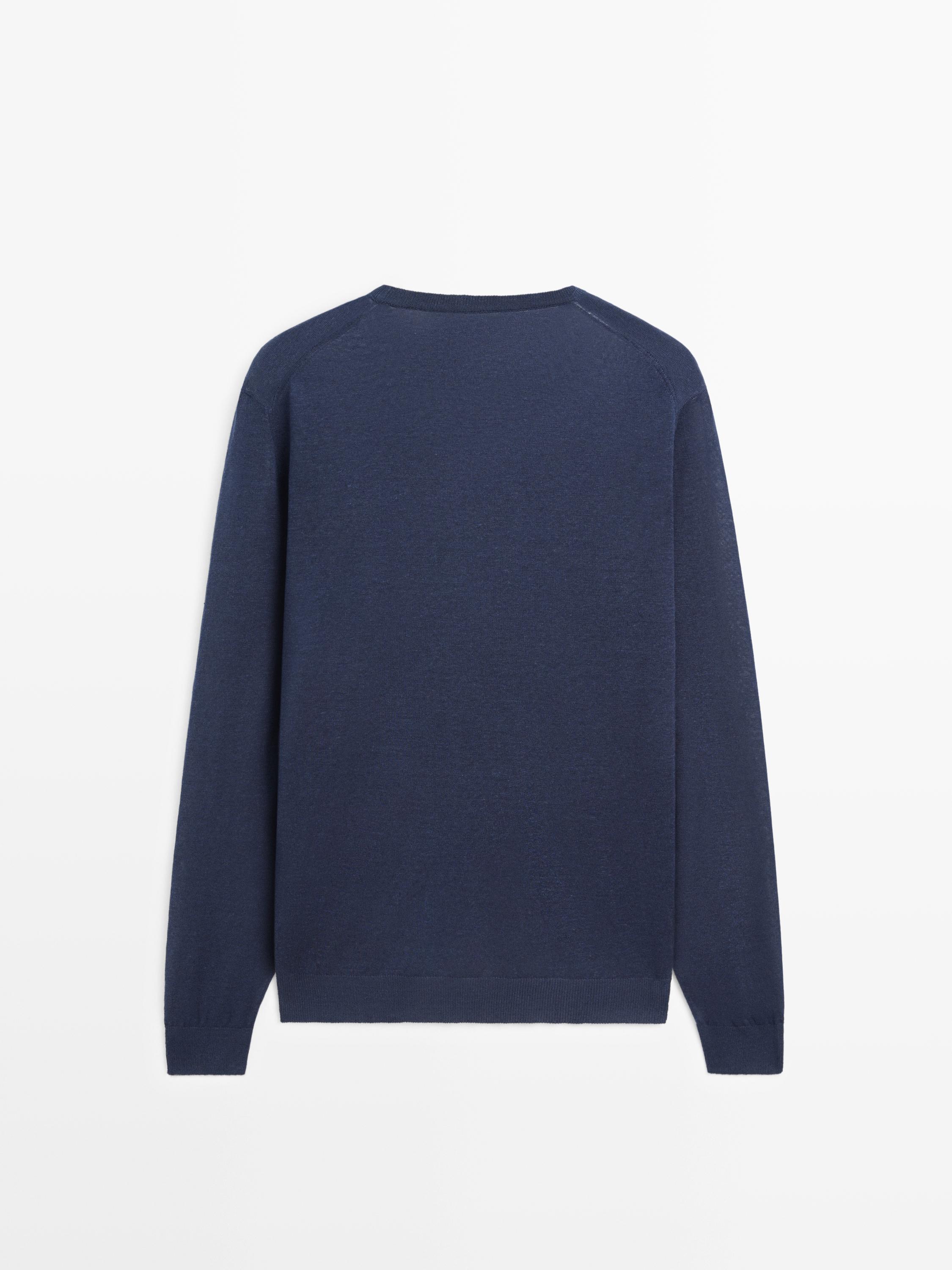Linen and cashmere knit crew neck sweater — NAVY BLUE