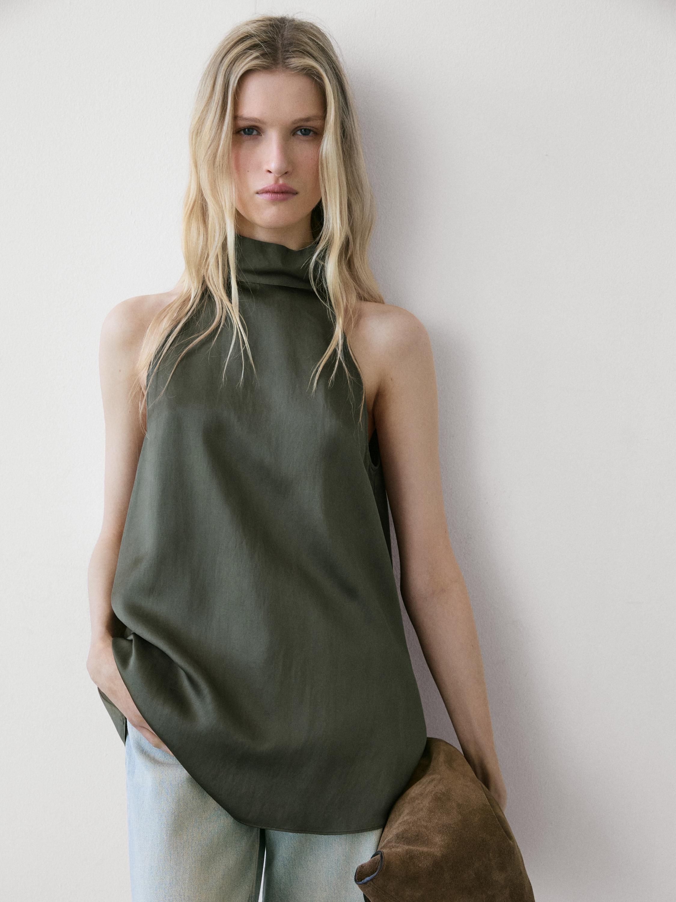 Satin halter top with tie detail — BLUISH GREEN