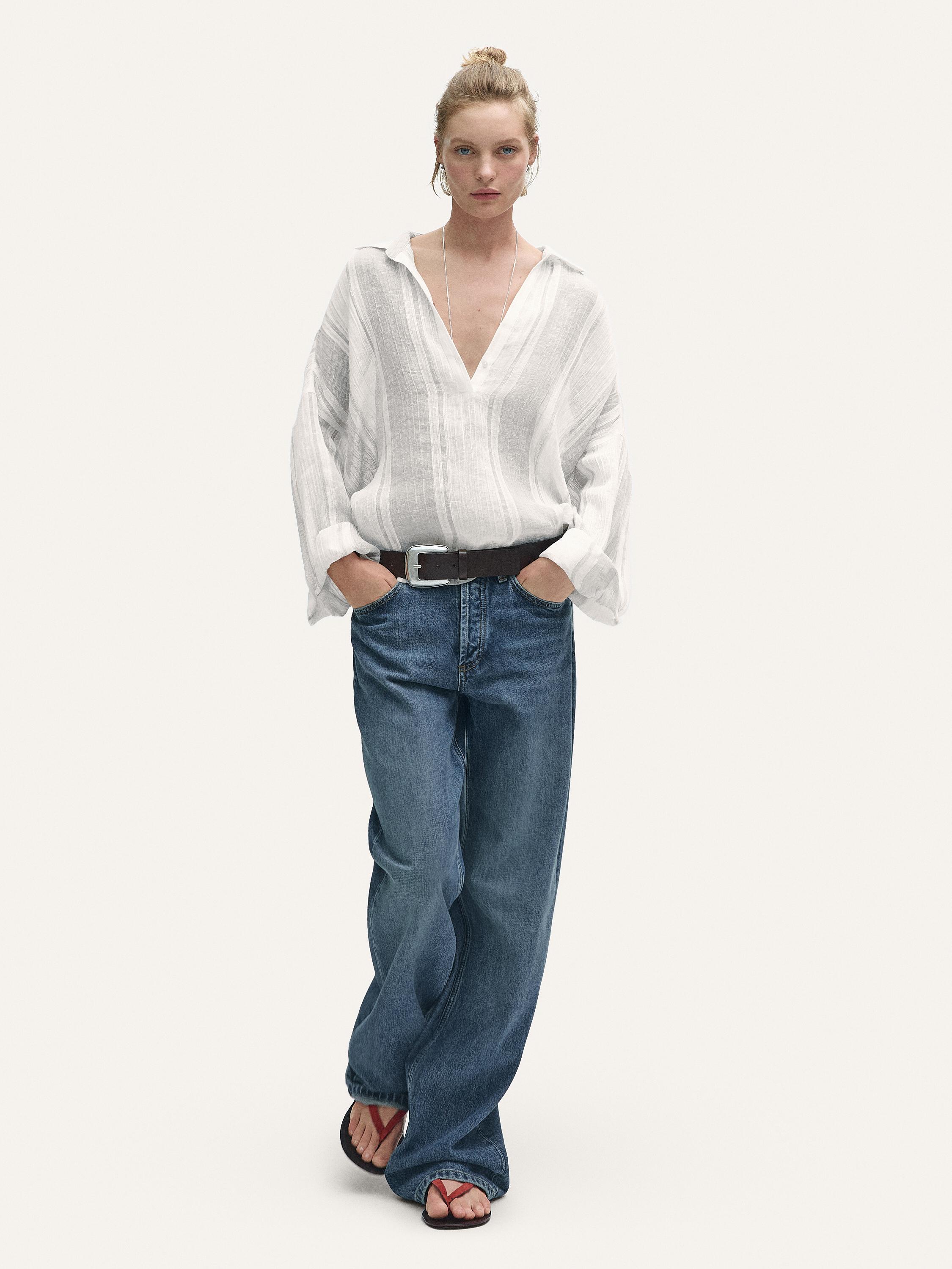 Flowing striped linen blend blouse