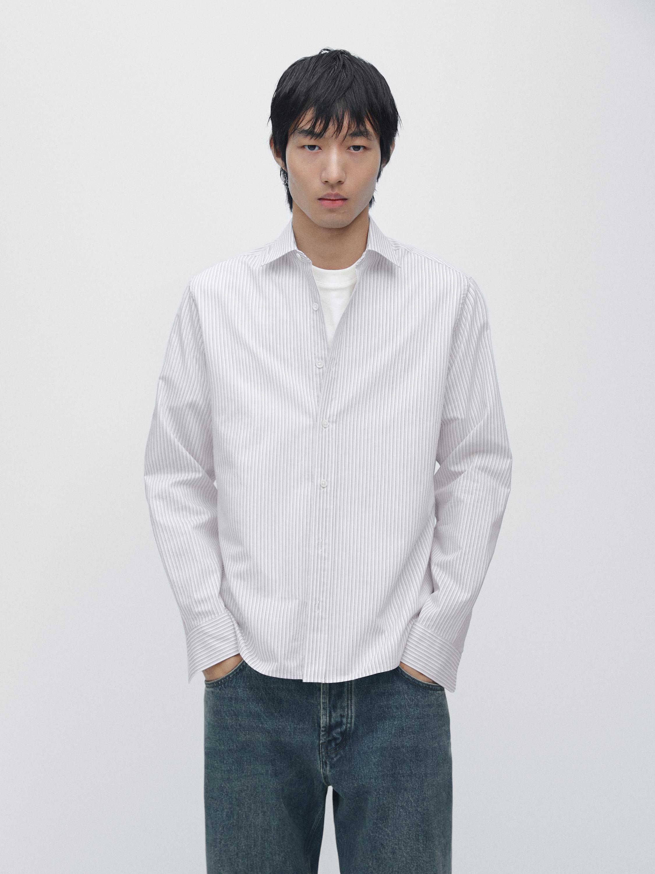 Cotton blend regular fit striped shirt — BLUE