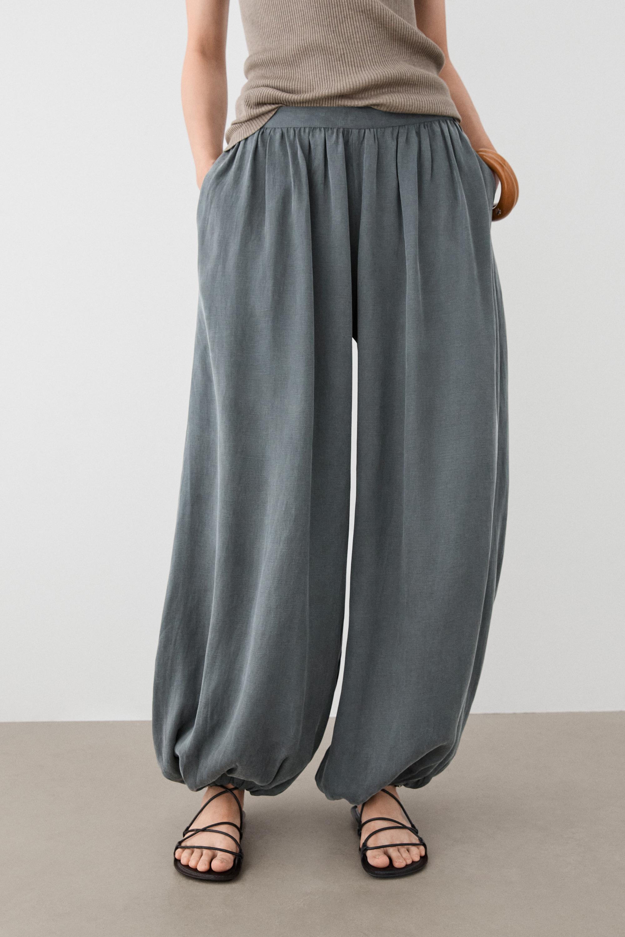 Pleated balloon fit linen blend trousers — GREY BLUE