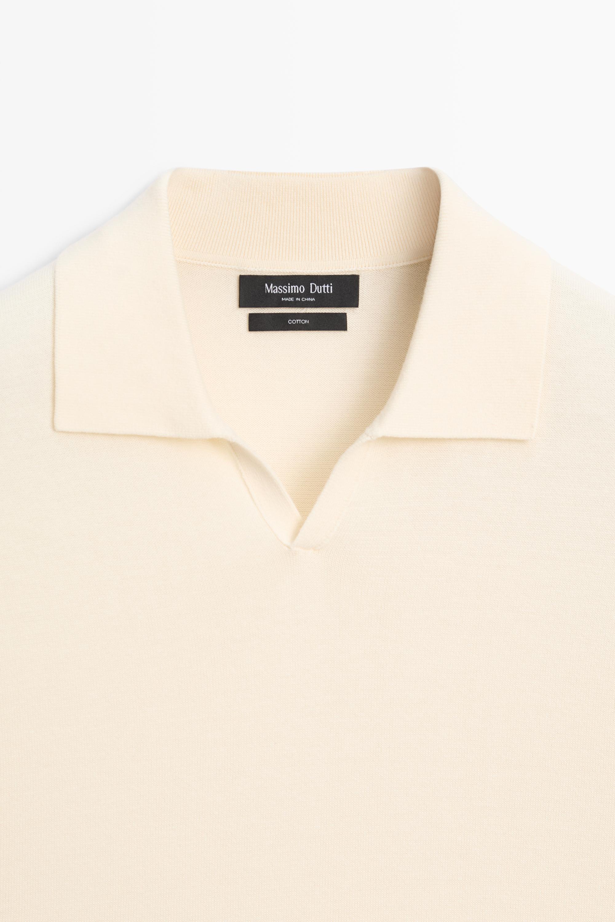 100% cotton V-neck knit polo — CREAM