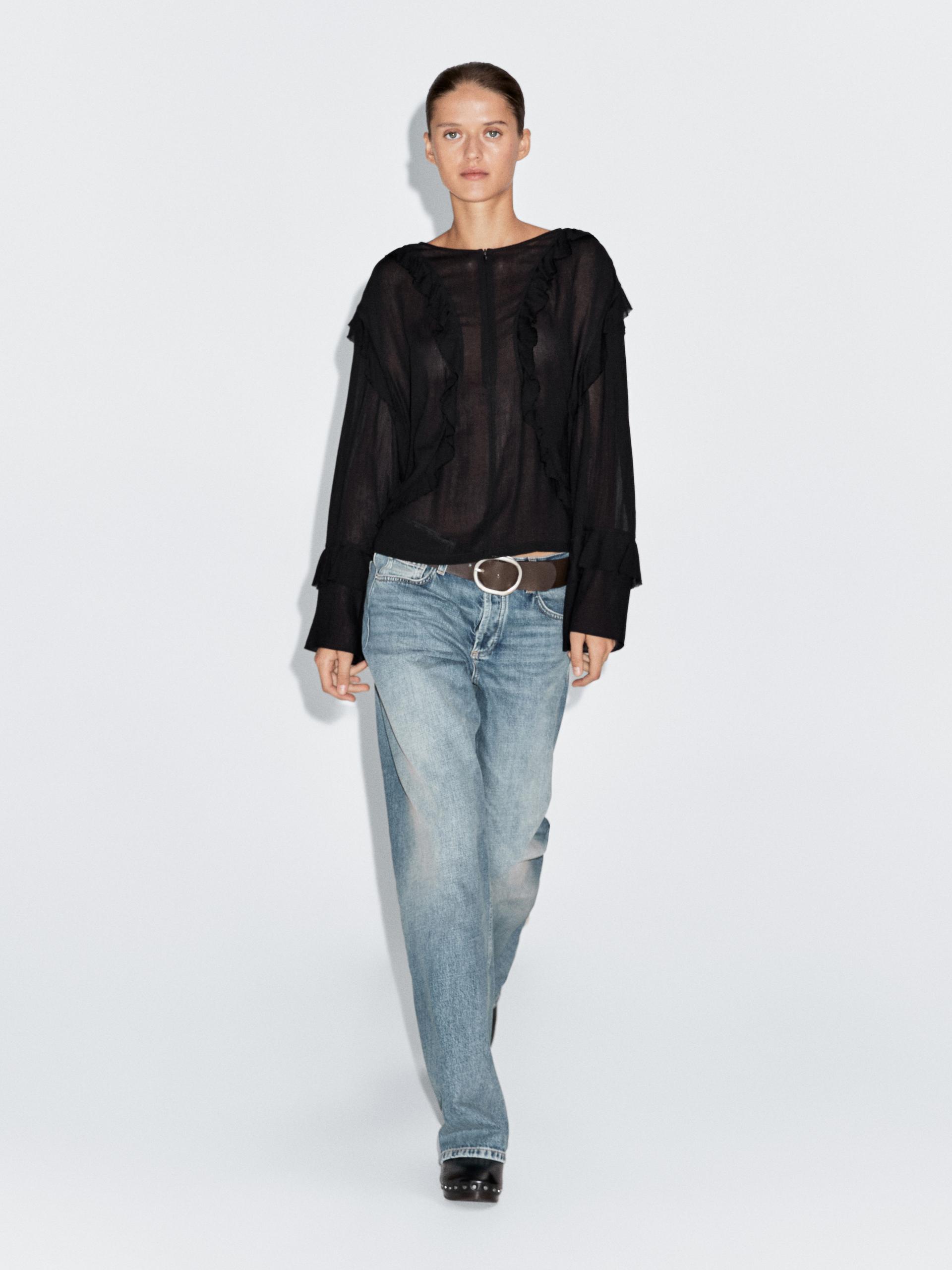 Luźna Bluzka Z Falbanami I Suwakiem - Czarny - L - Massimo Dutti - Kobieta