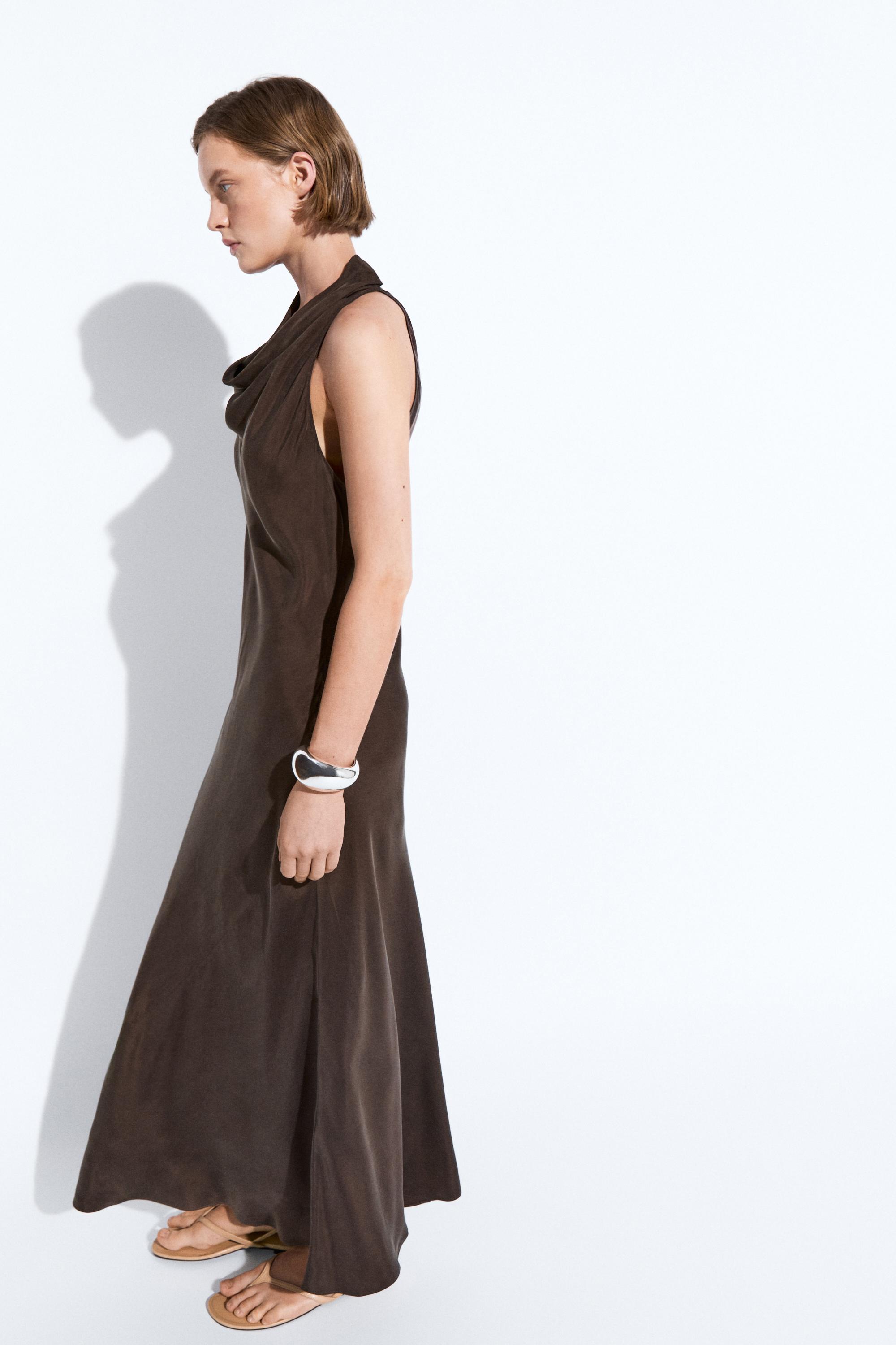 Draped neckline long dress — BROWN