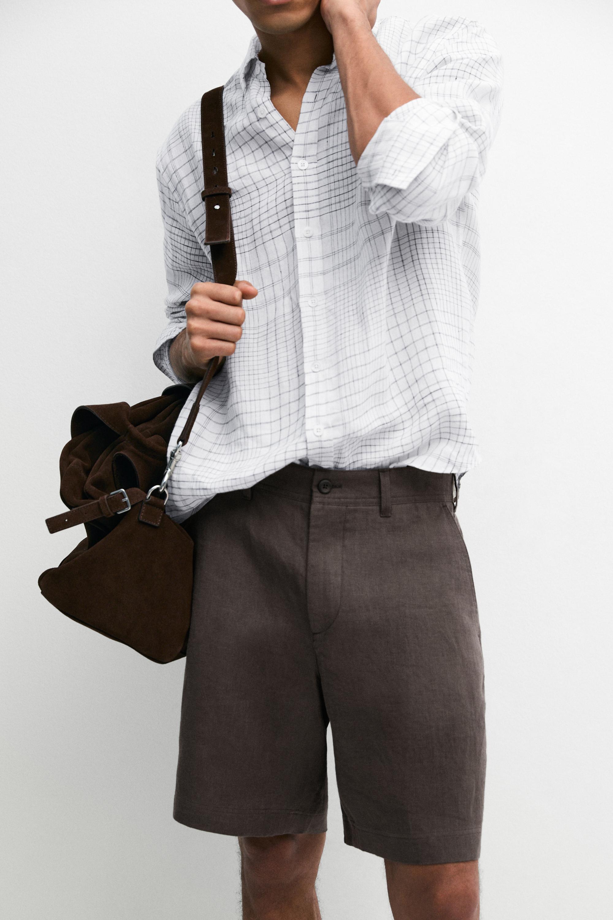 100% linen short Bermuda shorts — BROWN