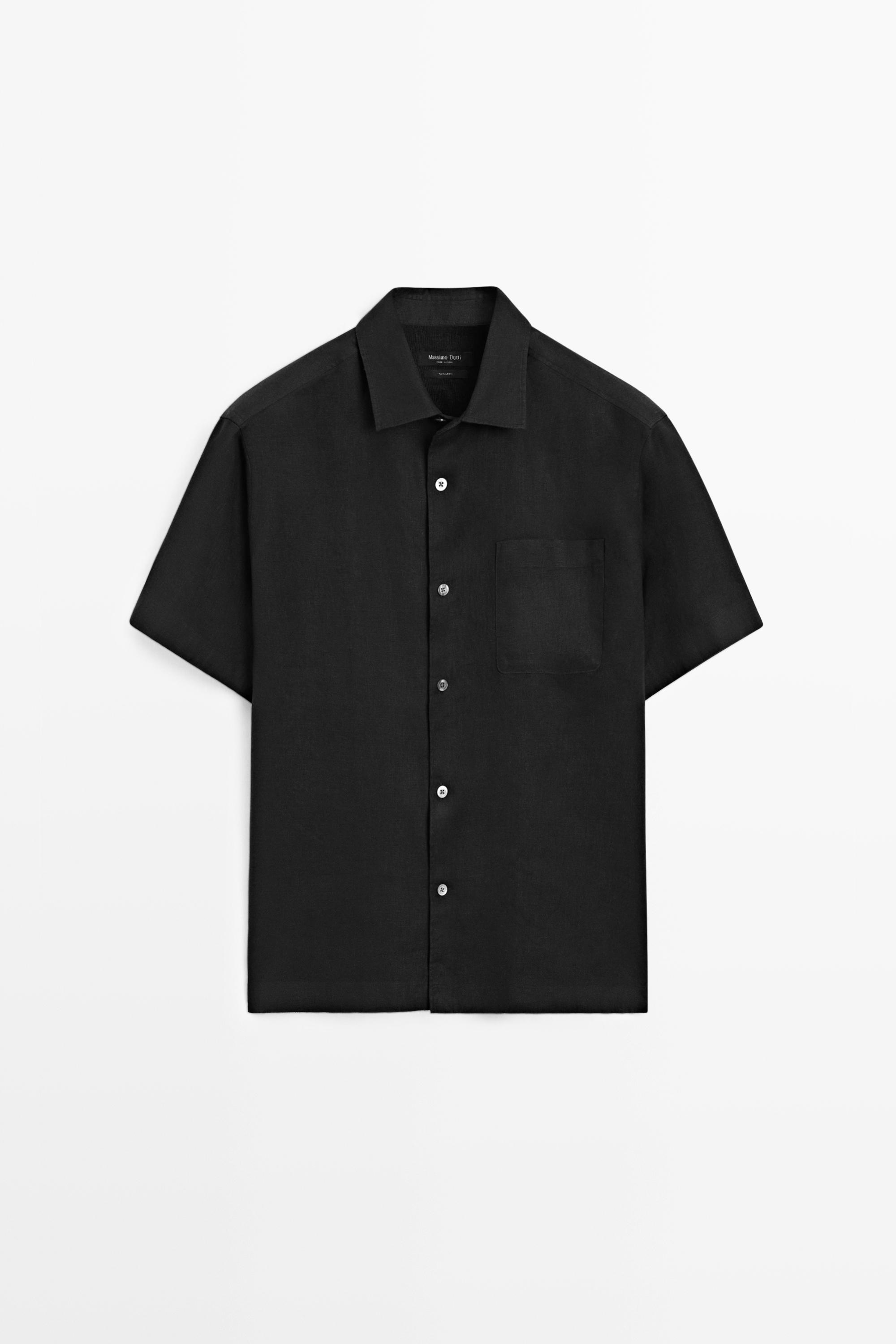 100% linen regular fit short sleeve shirt — BLACK