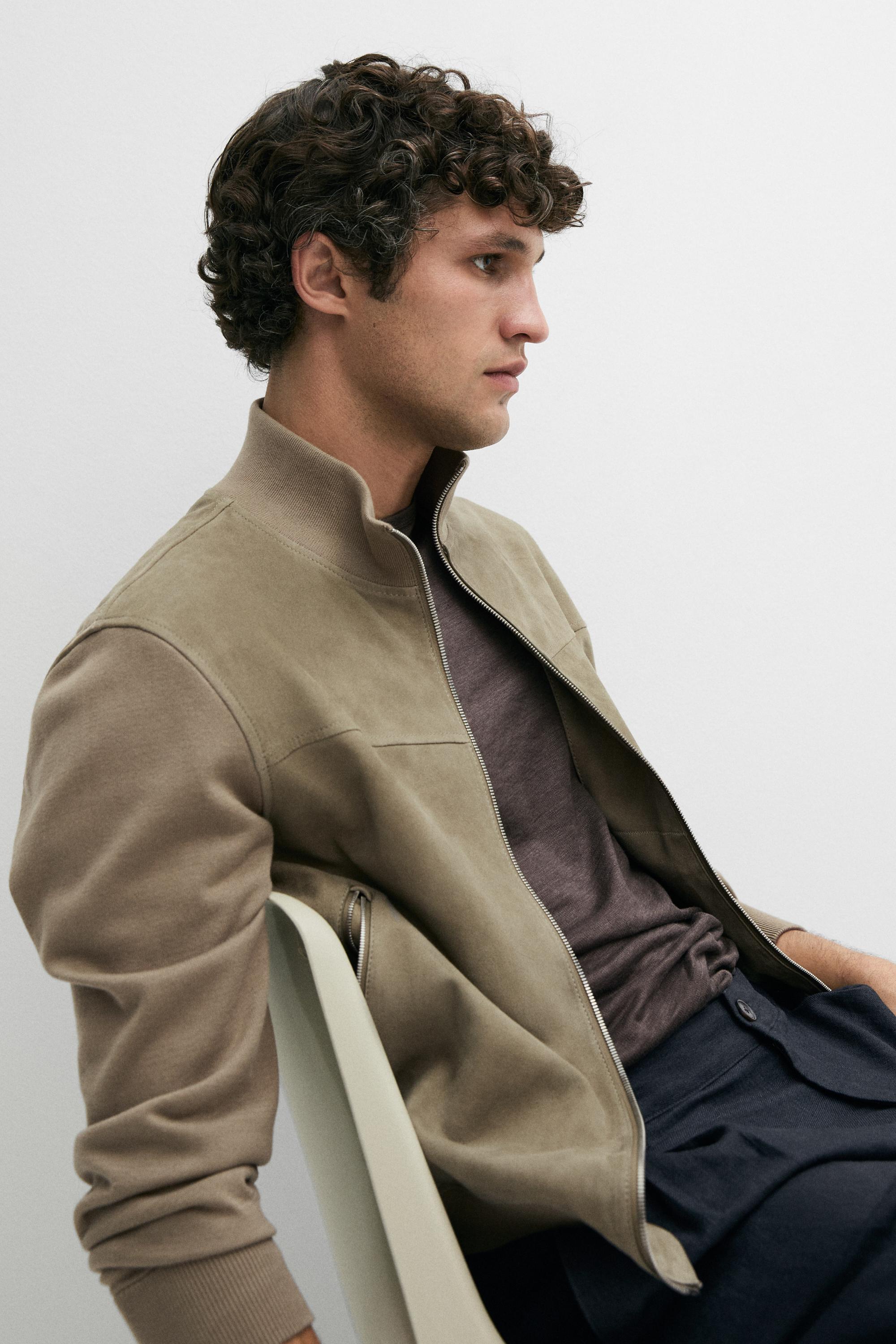 Contrast knit and suede leather jacket — PALE KHAKI