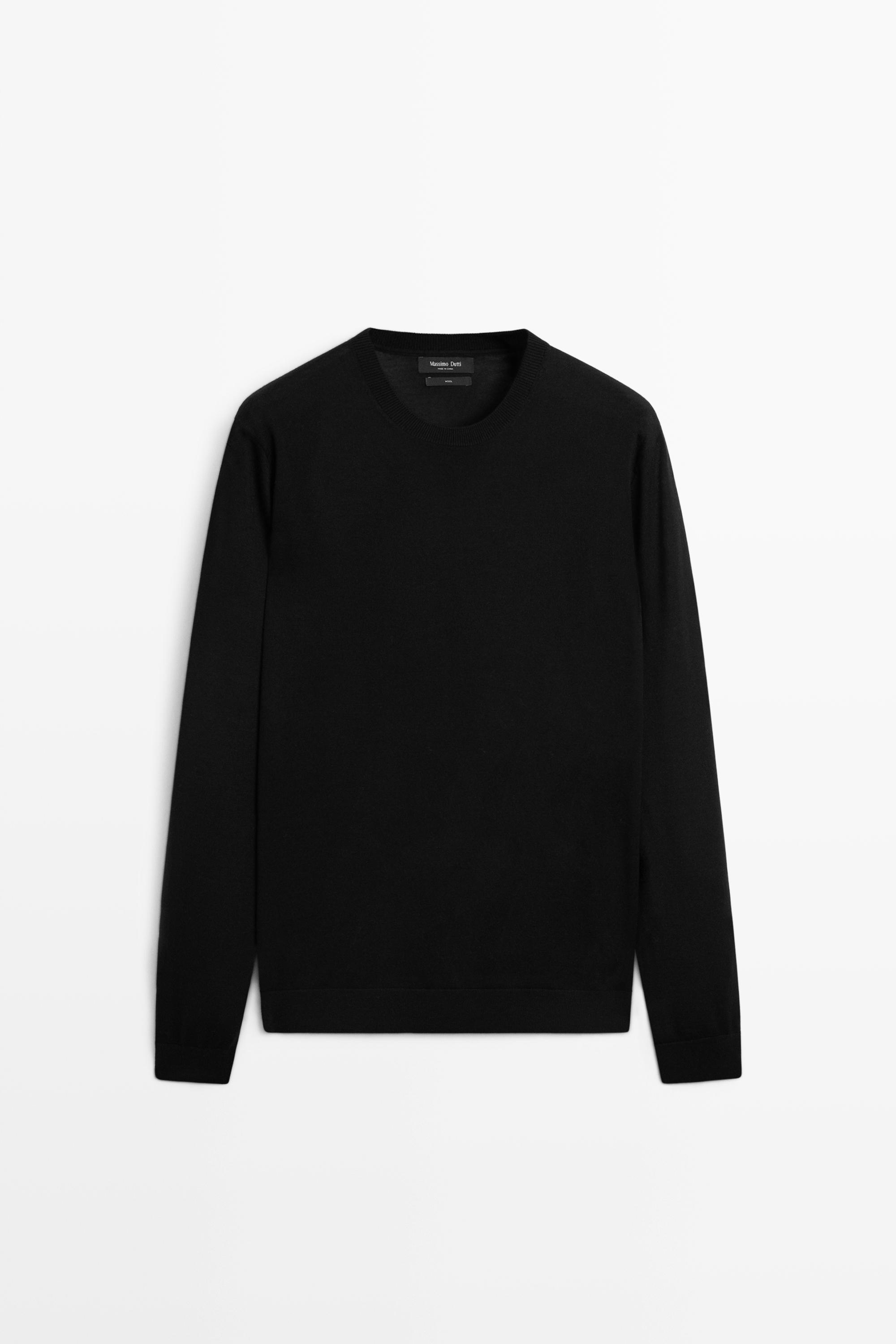 100% merino wool knit round neck sweater — BLACK