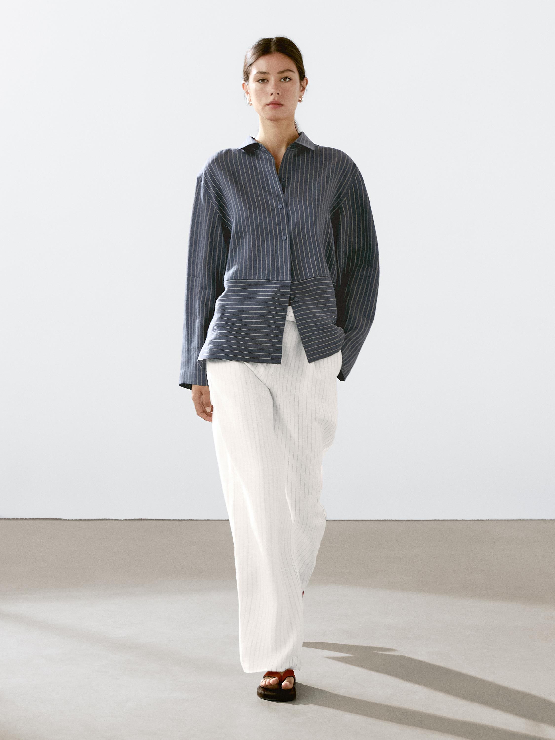 Pantalon en lin à rayures avec boucle