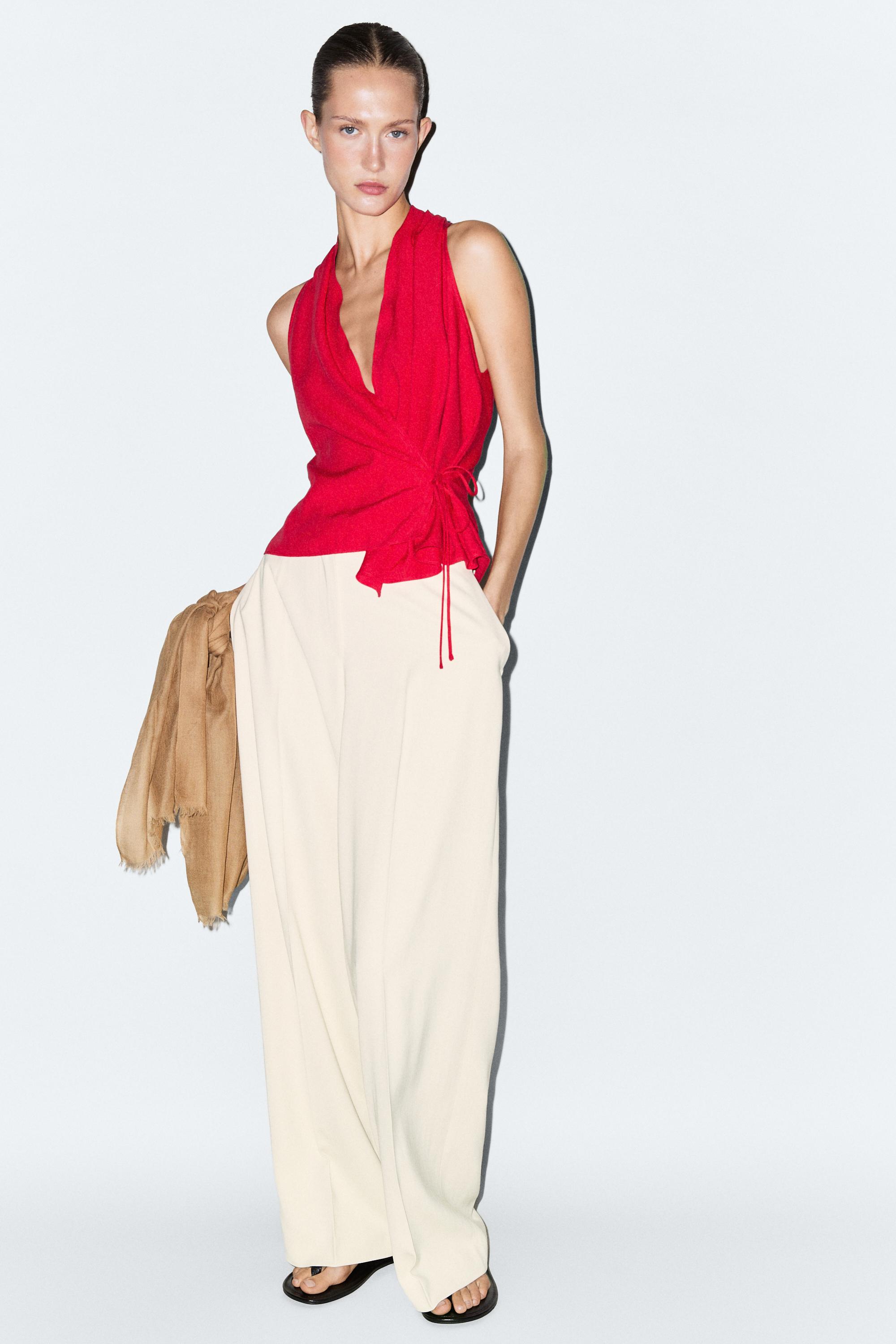 Linen halter top with tie detail — RED