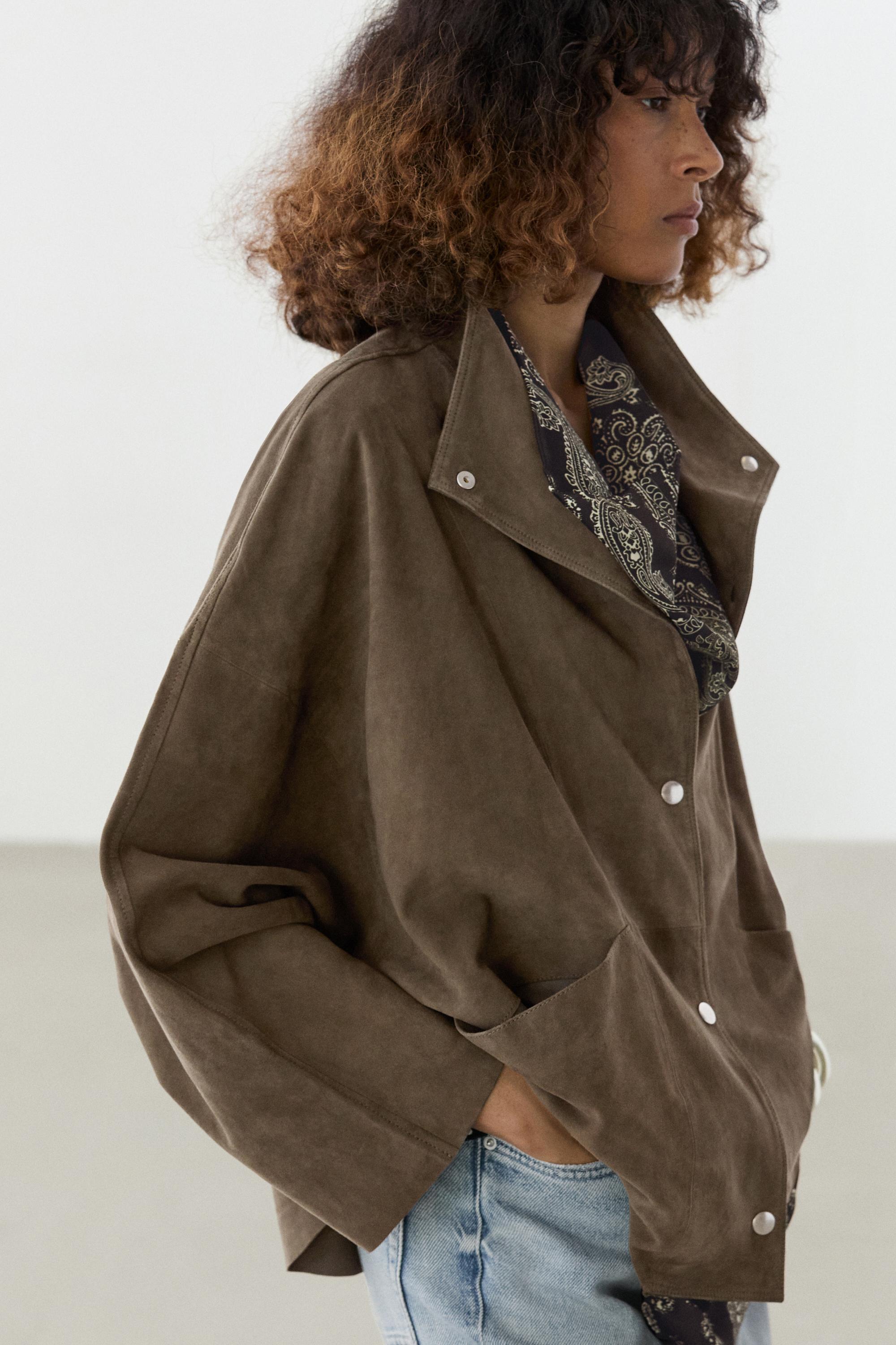 Suede leather high neck jacket — KHAKI