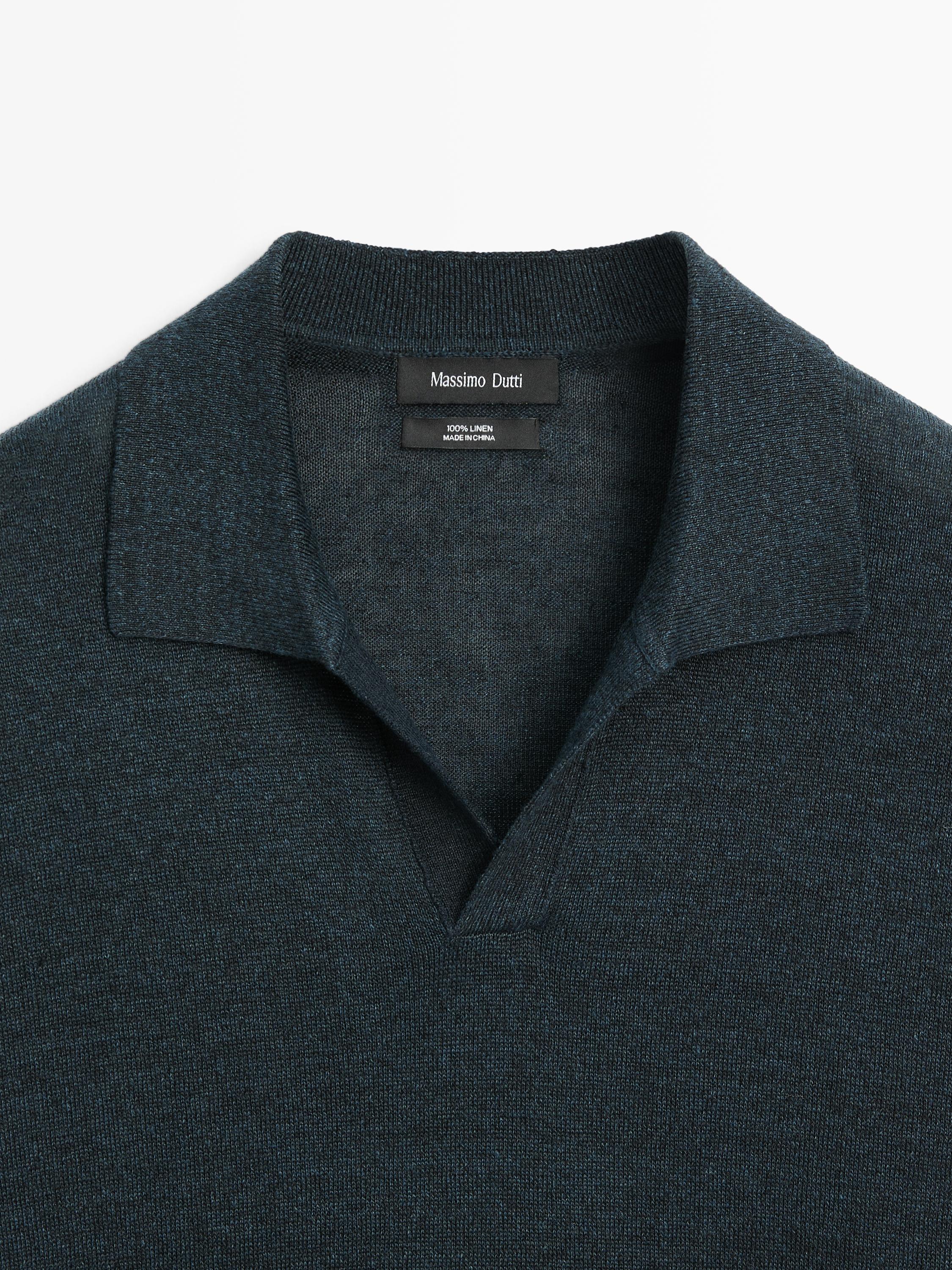 Linen V-neck polo sweater — NAVY BLUE