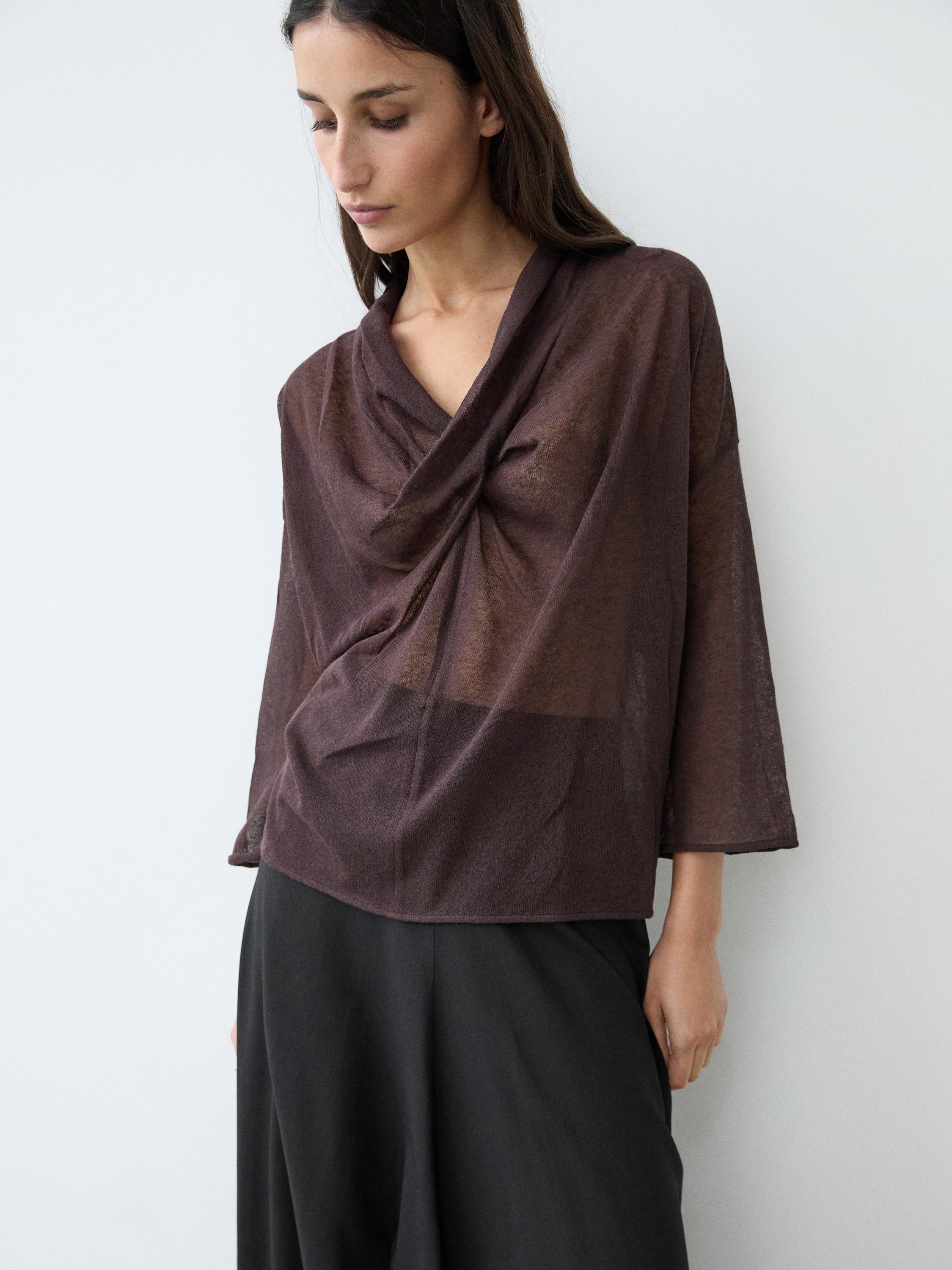 Linen blend shirt with cowl neckline — AUBERGINE