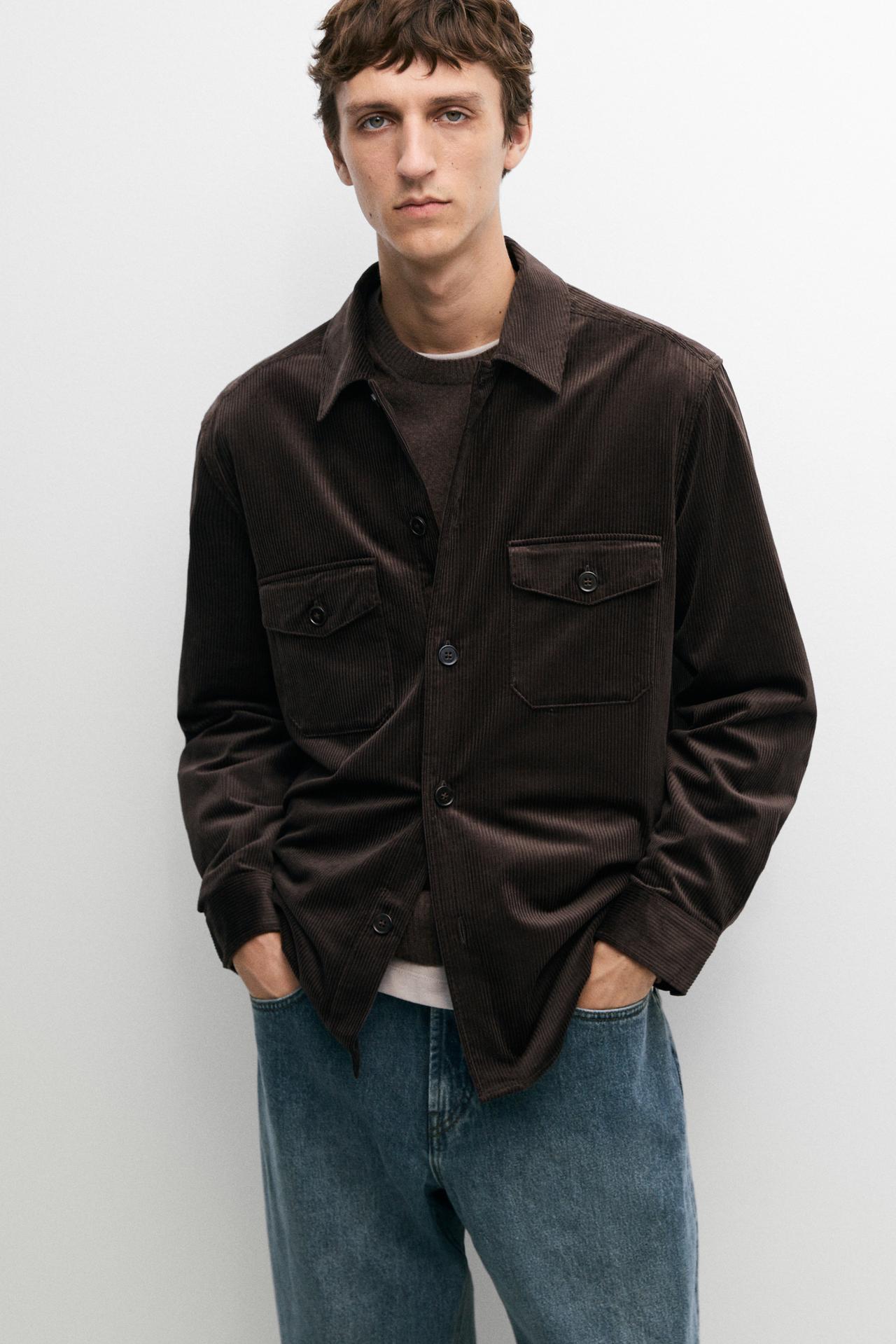 100% cotton overshirt with pocket detail — BROWN