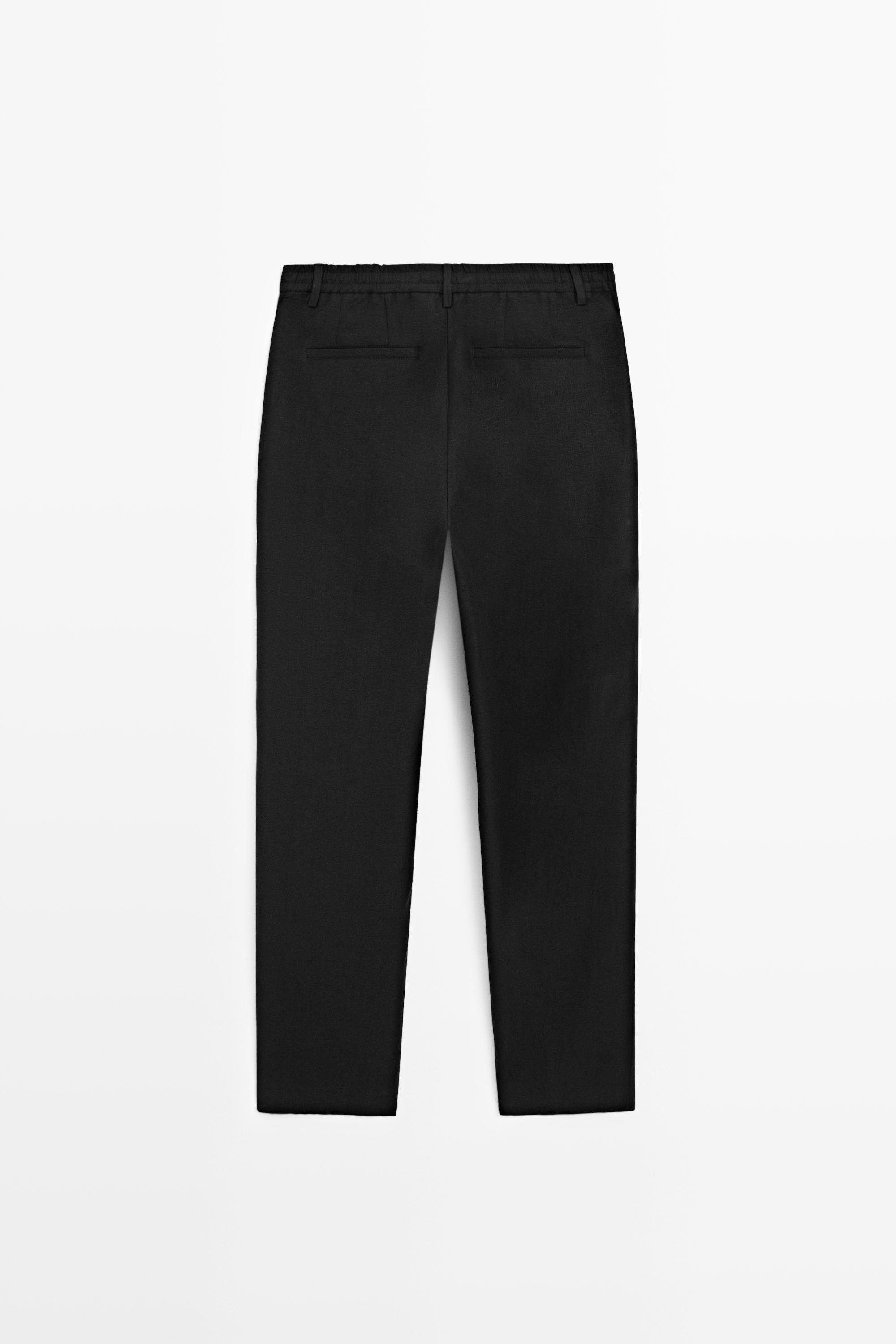 100% linen straight-leg trousers — BLACK