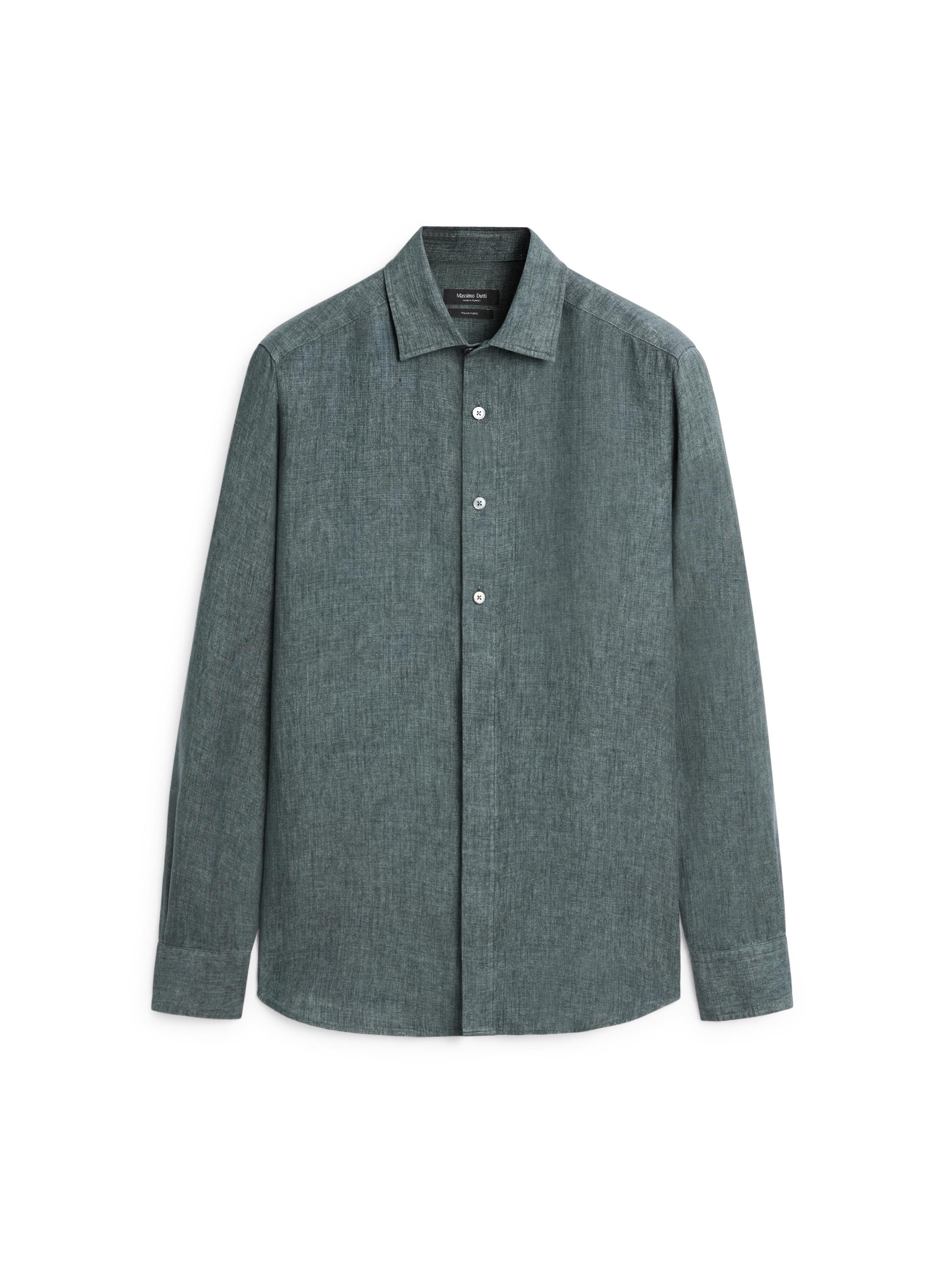 Regular fit linen shirt with placket — DARK BLUE
